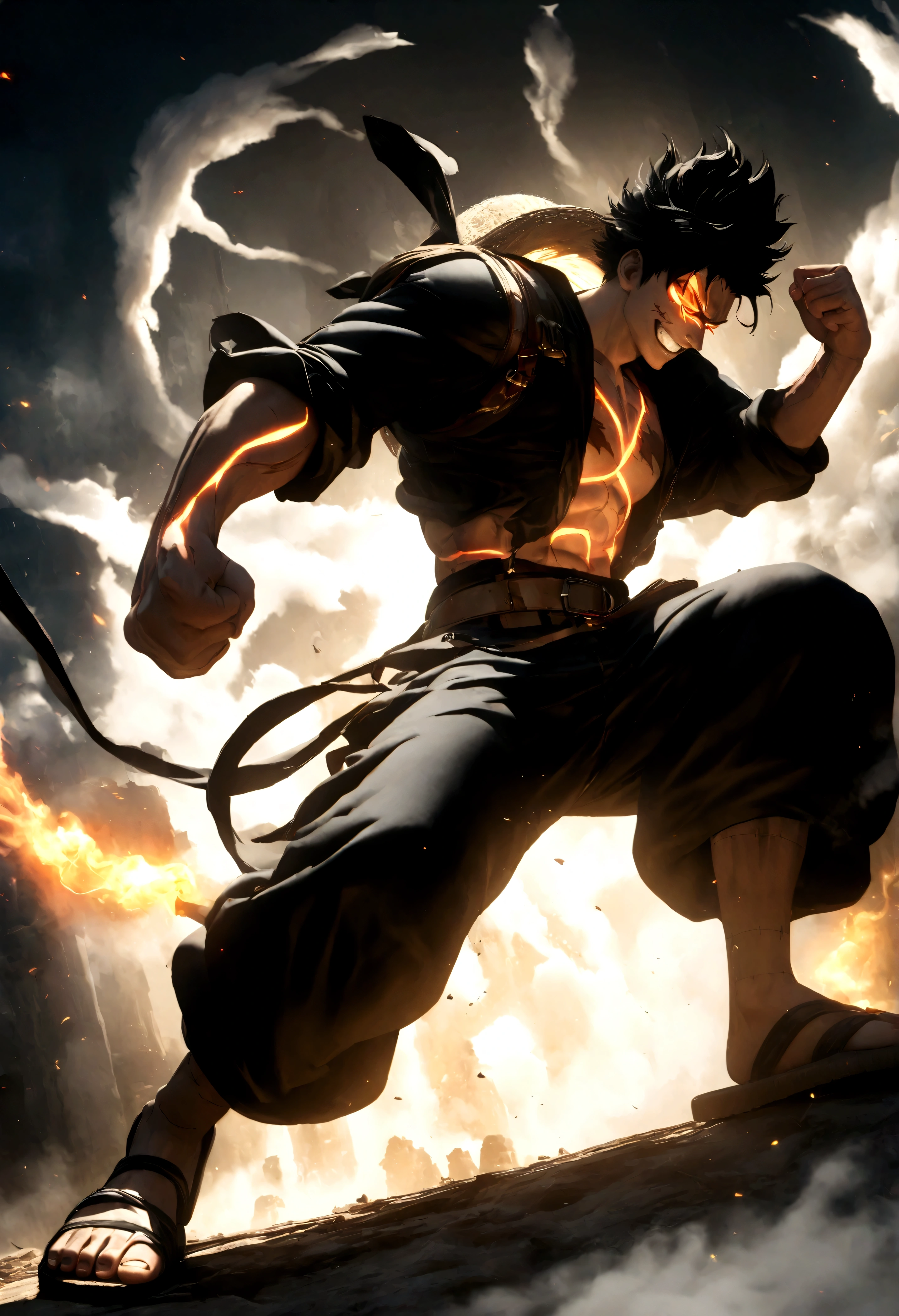 Full body shot,Monkey D. Luffy,Gear fourth,black hair,armor,dark skin,an evil grin on his face,eyes glow blue, wearing a pair of huge gloves and holding a fist,dynamic pose,smile,male focus,shorts,teeth,grin,scar,sandals,(straw hat:1.1),stitches,skeleton,bone,scar on chest,well-developed muscles, pectoral and abdominal muscles,grey mist swirling around him,swirling smoke effects on a smoke background,high resolution with high contrast, cinematic lighting, vibrant colors, sharp focus and high detail.,unreal engine 5,panorama,Full body,Cyberpunk,Kodak Ektachrome E100,Kodak Portra 160,Kodak Ektar 100,Kodak Portra 400,Iconic character splash art