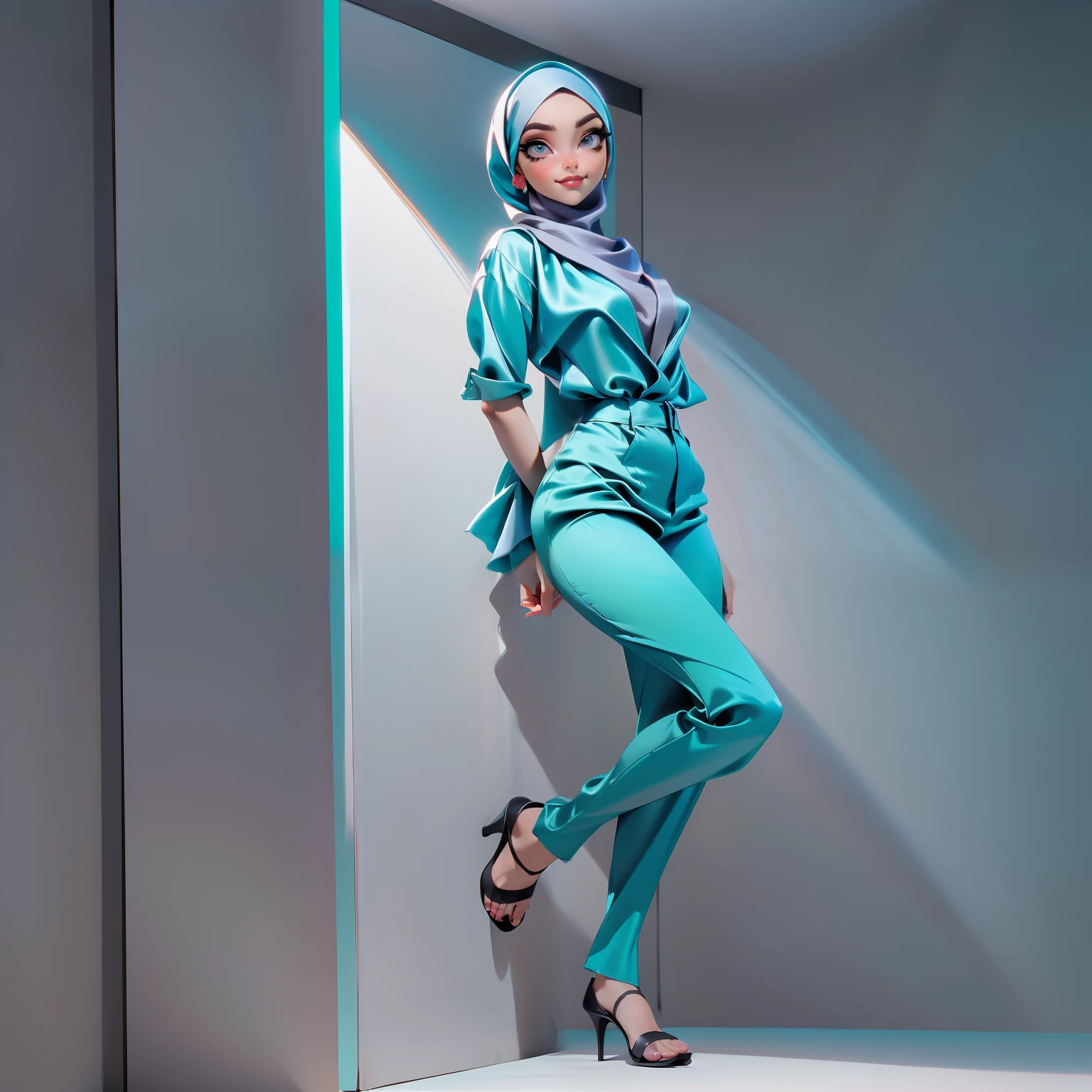 3DMM, ((Masterpiece, best quality, photography, detailed skin, realistic, photo-realistic, 8k, highly detailed, full length frame, High detail RAW color art, diffused soft lighting, shallow depth of field, sharp focus, hyperrealism, cinematic lighting, hijab, a woman, beautifully makeup, eyeshadow, beautiful big eyes, long eye lashes, tempting smile, wearing (Teal satin hijab), loosely tide hijab style, ((gray satin shirt)), satin long pants, pose for pictures, luxury hotel room, full body, front view
