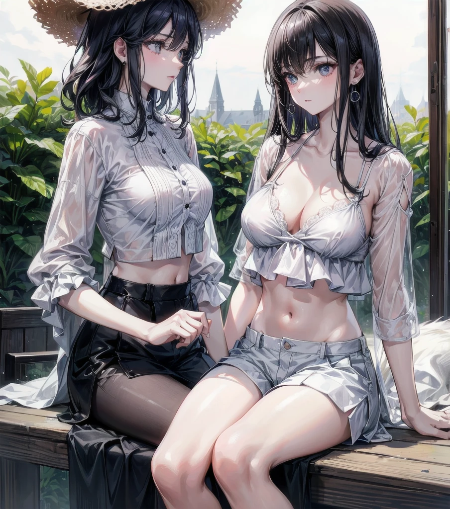 absurdres, RAW photo, extremely delicate and beautiful, masterpiece, Best Quality, ultra high resolution, 32k, hyperrealistic, ultra-detailed, detailed description, perfect anatomy, pale skin, 20 years old, detailed beautiful face and eyes, tearful mole, earring, short medium hair, wavy hair, whole body shot, colossal tits, ((yuri)), (((2 girls))), casual, blouse, white shirt, buttoned shirt, bare shoulders, collarbone, midriff, navel, shorts, straw hat, outdoors,