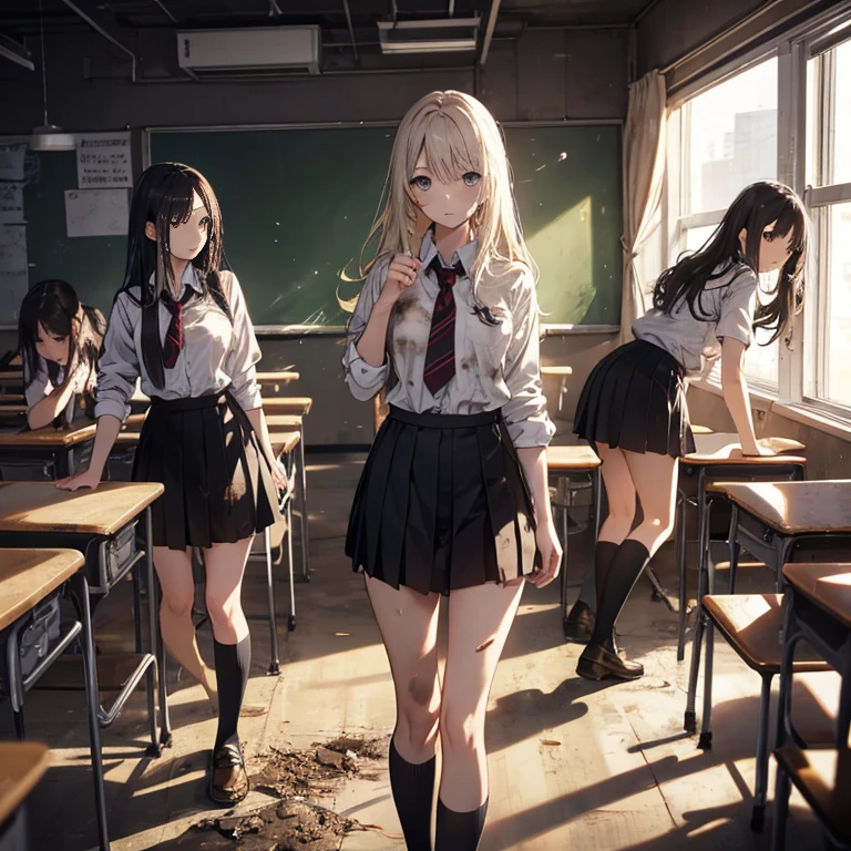 A group of  female students, (in classroom), various hair styles, harem, post apocalyptic, details face, short skirt, seducing, school uniforms, dirty body, shattered glass