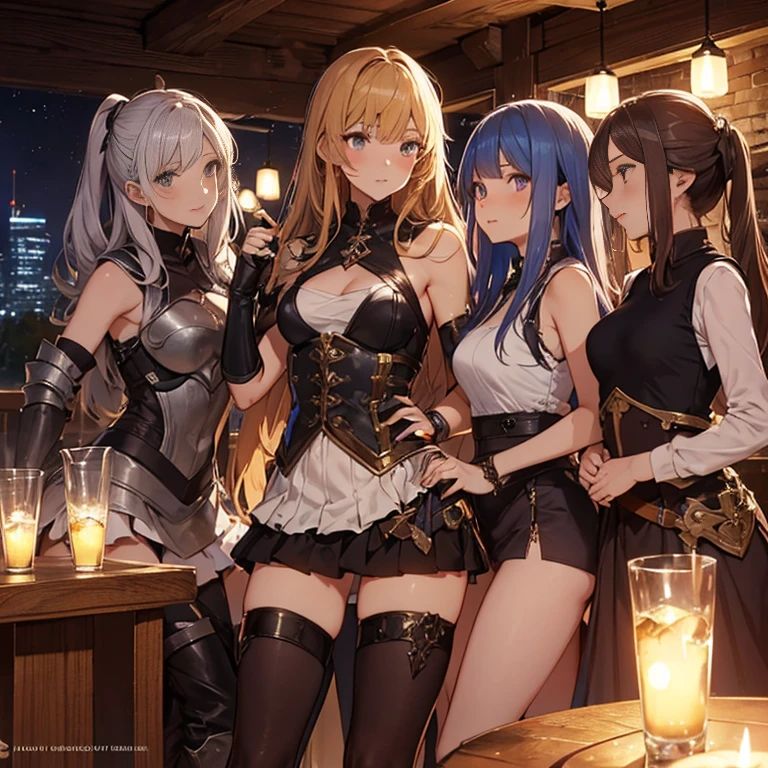 A group of female medieval fantasy adventurers, (in tavern), various hair styles, harem, night, details face, short skirt, seducing, sleeveless, armor