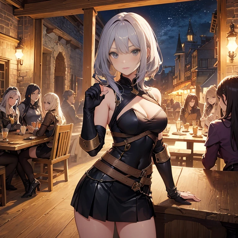 A group of  female medieval fantasy adventurers, (in tavern), various hair styles, harem, night, details face, short skirt, seducing, sleeveless, armor 