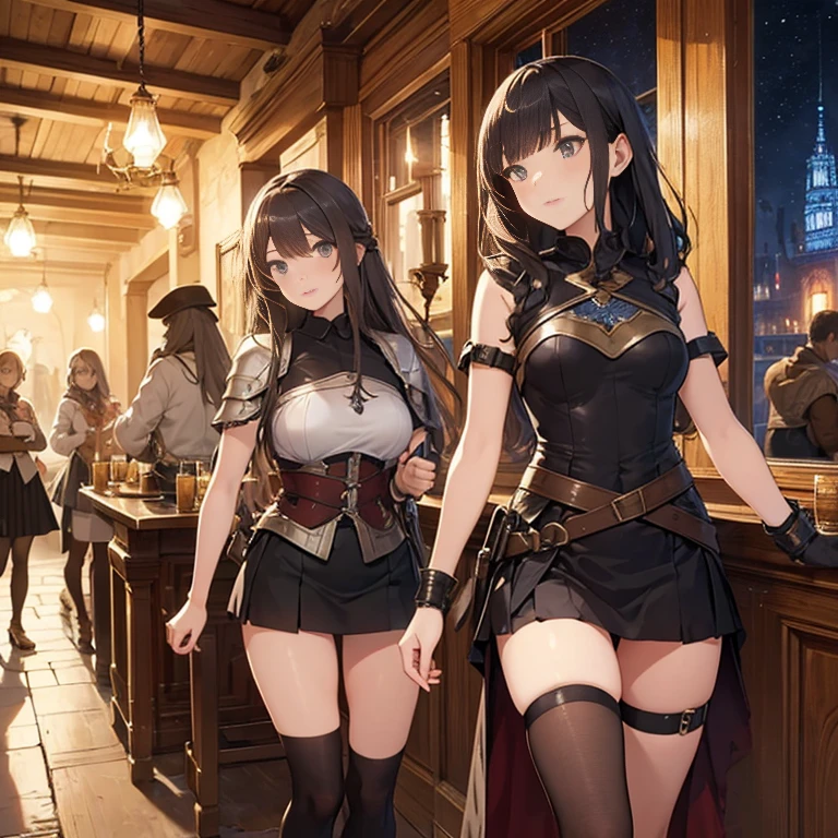 A group of  female medieval fantasy adventurers, (in tavern), various hair styles, harem, night, details face, short skirt, seducing, sleeveless, armor 