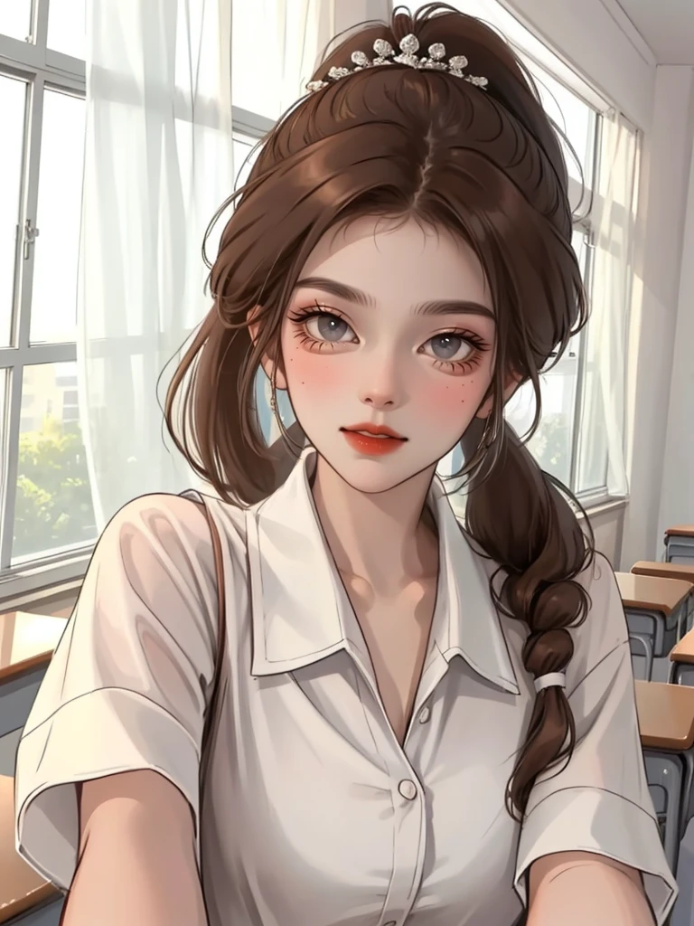 (masterpiece,best quality,1girl, brown hair, long ponytail,wearing a ,doing a selfie, classroom,