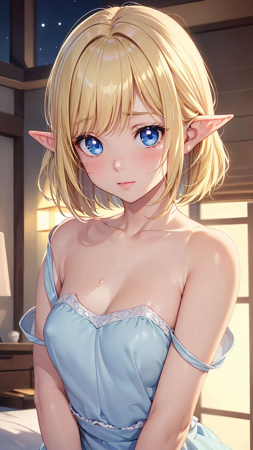 16k、masterpiece、High definition、High resolution、((Young Elven Woman))、((Beautiful white skin))、Small breasts、((Beautiful blonde))、Bobcut、((Beautiful Blue Eyes))、((Narrow eyes))、((Pointed Ears))、Shy face、blush、Orgasm facial expression、shout、Pink lip gloss、Large areola、Nipples、Sweating profusely、Shiny skin、((Bedroom at night))、Dimly lit room、Downlight light、Look up at me、((Close up of upper body))