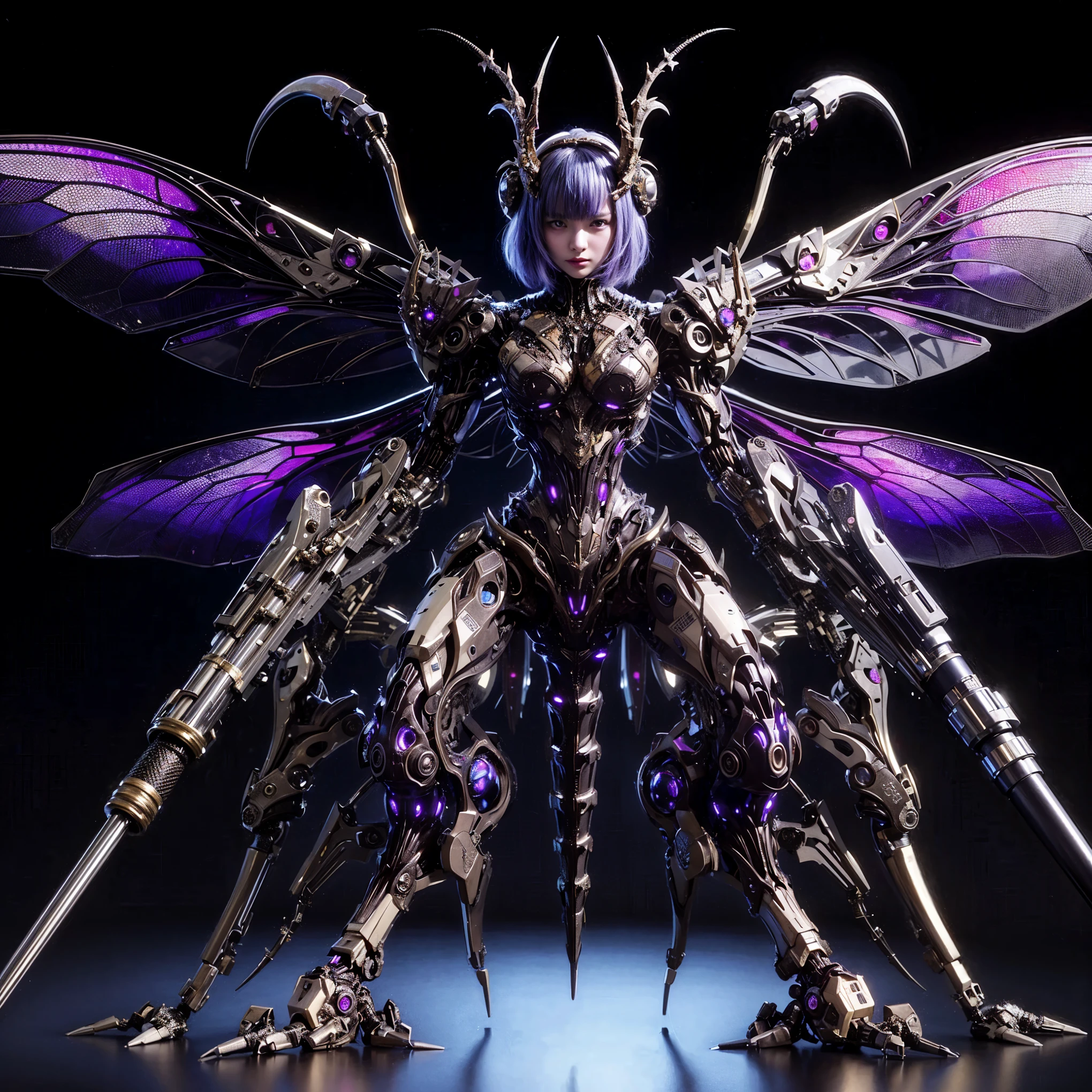 (top-quality:1.2, masterpiece), ultra high res,(Photorealsitic:1.4), (scorpion-like bio animal suit:1.3), heavy weapons,large wings, vivid textures,insect legs, red  hair, glowy skin, fur,japanese girl beautiful face,  ((super realistic intricate details)), full body shot, globalillumination, octan render, ultrasharp, character edge light, Details of complex ornaments, Acrylic Clear Cover, Hydraulic cylinder