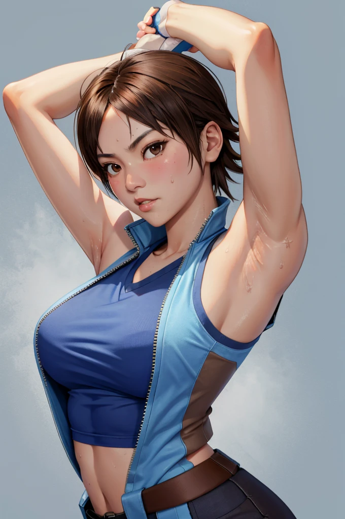 asuka kazama,1girl,solo,black pants,blue shirt,sleeveless,medium breasts,heavy blush,(brown eyes:1.2),((arms up)), sweat, sweaty, steam