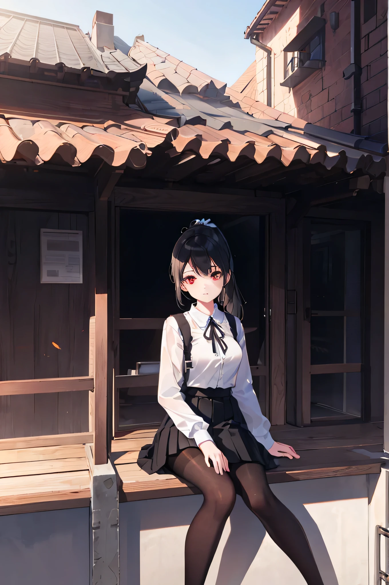 1 girl! Ray tracing, best shadows, high resolution (dim lighting) ,Taking a break on the roof of a building, fluffy black hair, plump and slender girl, high ponytail avoiding red eyes (girl wearing white shirt, black wrinkled skirt, with black transparent pantyhose), showing a delicate slim figure and graceful curves, correctly positioned and reasonable limbs!  details! Delicate facialres, pay attention to the position details of the legs! Pay attention to hand details! High quality! More eligible! Reduce errors, ultra-detailed CG, more reasonable picture! Delicate finger detailing,Taking a break on the roof of a building,((black pantyhose)),