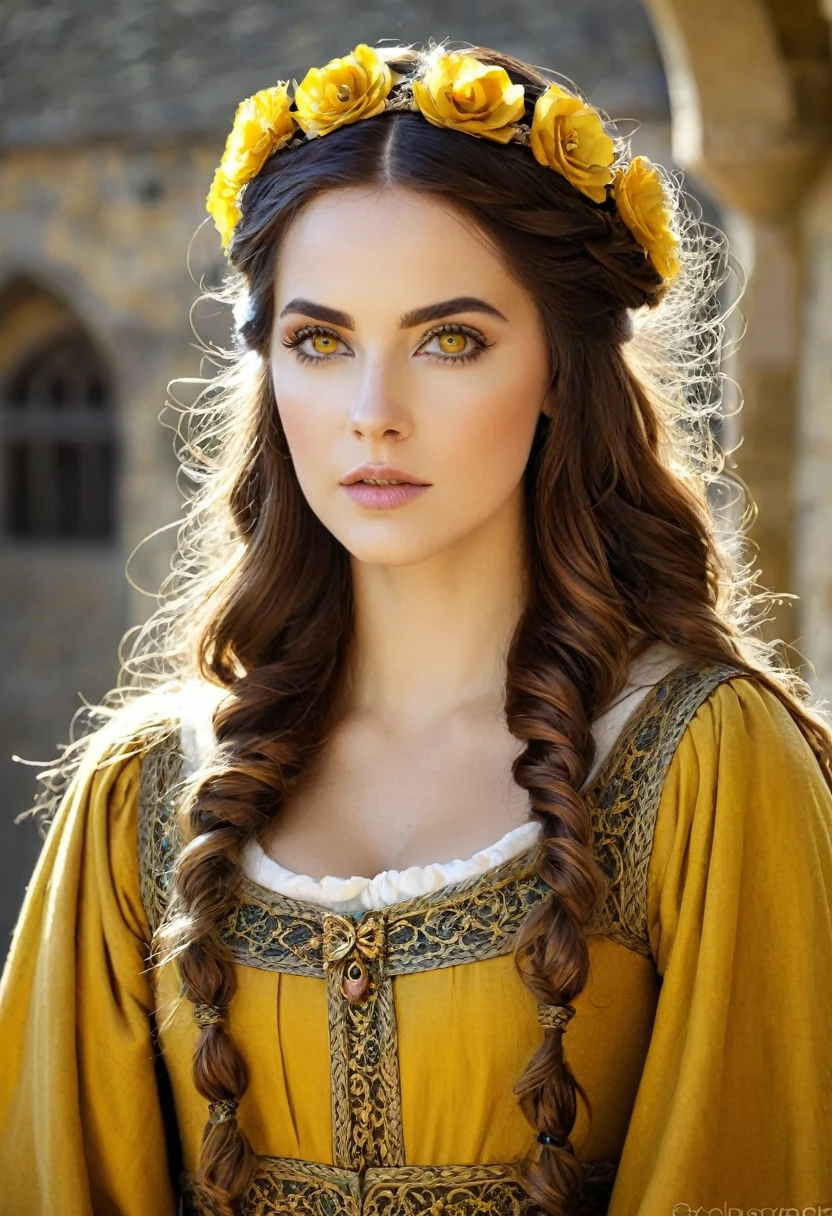 Mulher,linda,cabelos ruivos,olhos amarelos roupa medieval