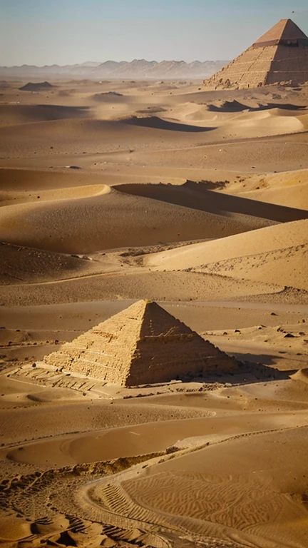 the vast expanse of the Egyptian desert, with its golden sands shimmering under the scorching sun. The majestic pyramids rise in the distance, veiled in a haze. The desert is filmed from a low angle, showcasing its breathtaking beauty