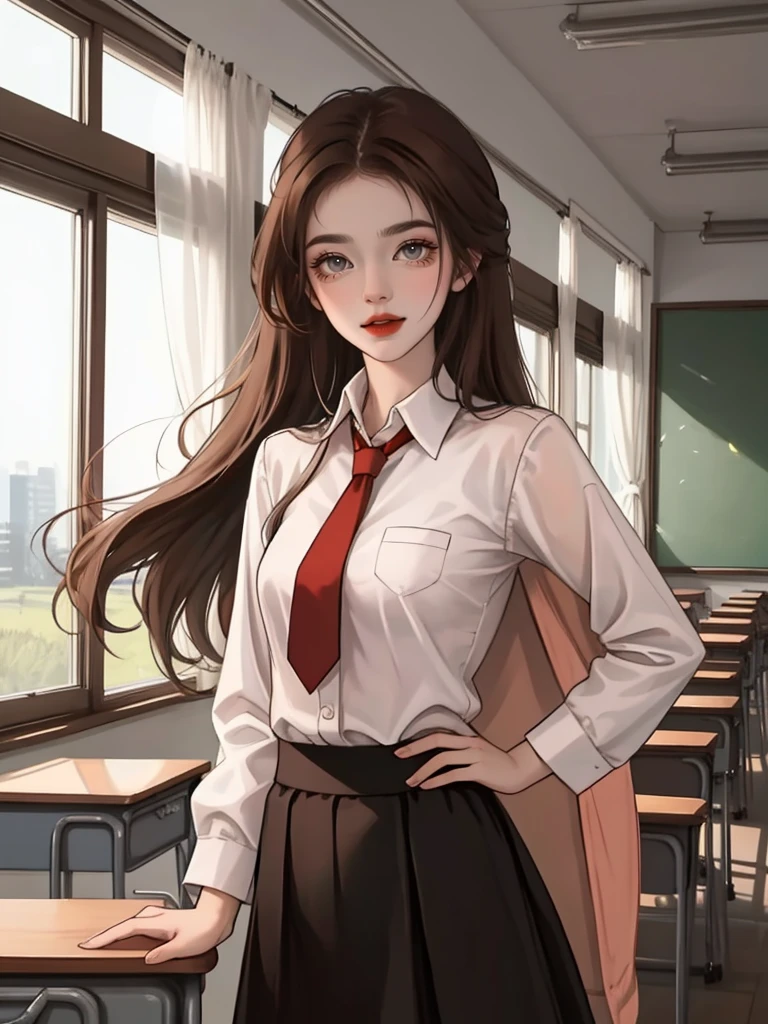 (masterpiece,best quality,1girl, brown long  hair,wearing a ,red tie,black skirt, ,standing, classroom,