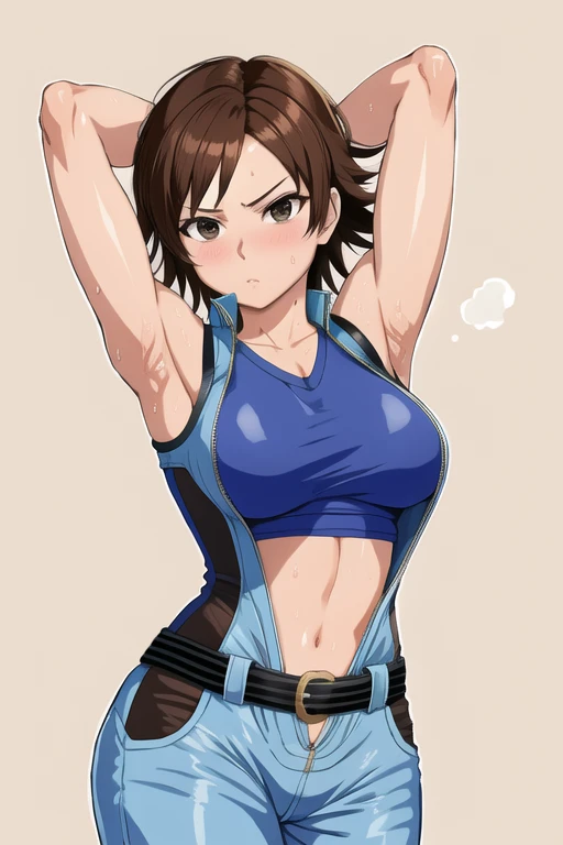 asuka kazama,1girl,solo,black pants,blue shirt,sleeveless,medium breasts,heavy blush,(brown eyes:1.2),((arms up)), sweat, sweaty,