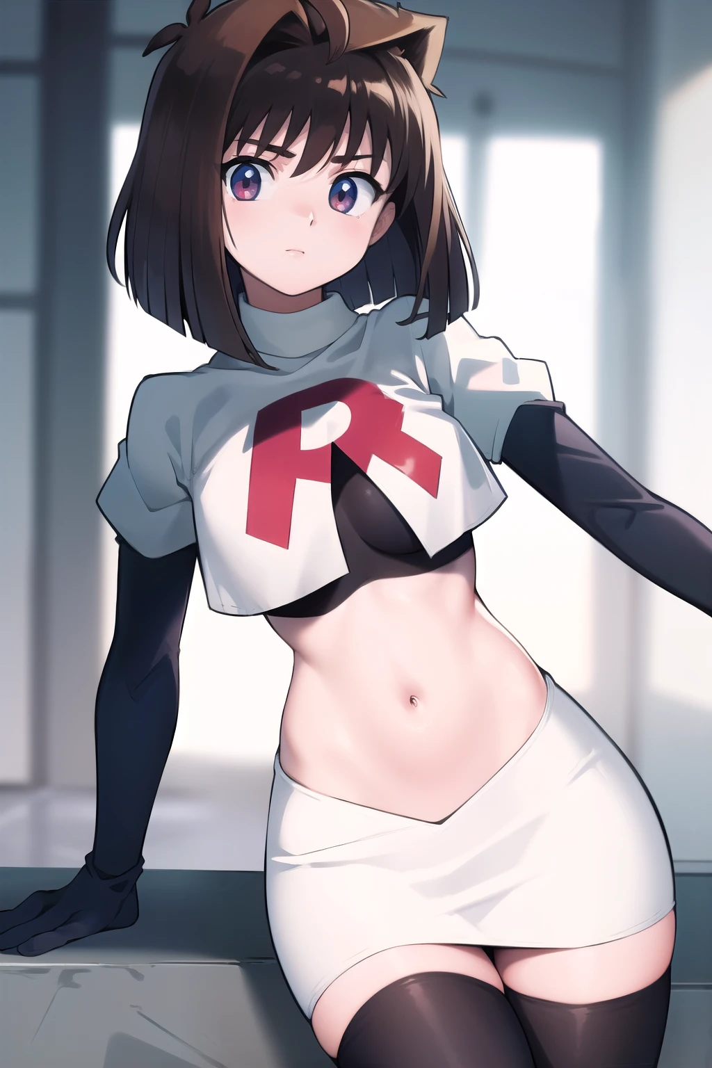 aamazaki, (antenna hair:1.2), medium breasts, team rocket,team rocket uniform,white skirt,red letter R,crop top,black thigh-highs,black elbow gloves,
beautiful, masterpiece, best quality, looking at viewer,