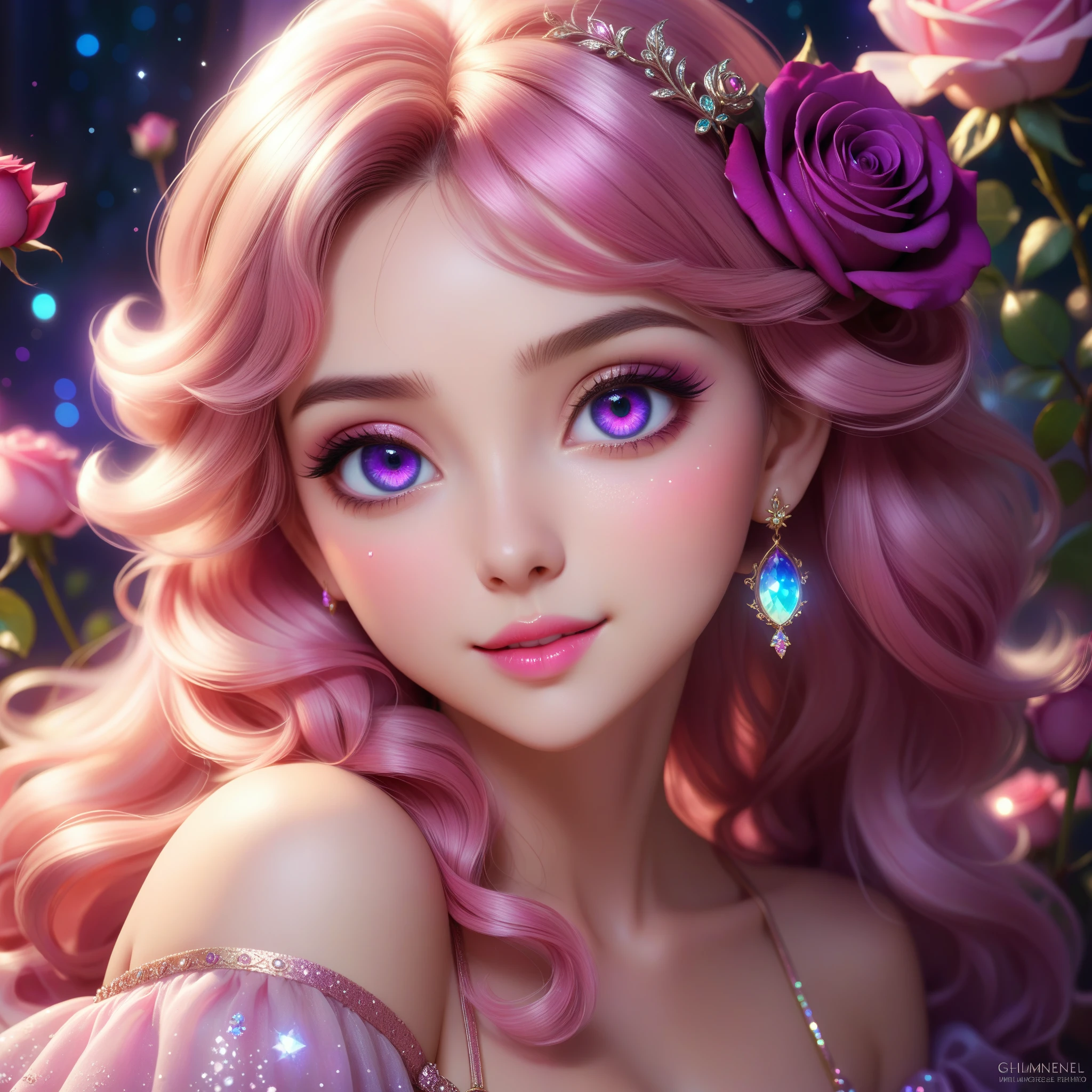 (This is a beautiful, soft, ethereal, and (romantic) fantasy image with a persistent pink aura, fairytale fantasy elements, and a lovely color palette.) Generate a beautiful  fairy woman with beautiful puffy lips and beautiful detailed eyes. Her glossy curled hair is realistically detailed and her (ringed eyes) are interesting and colorful. Surround her with eternal roses in shimmering shades of pink and purple. Ensure perfection in her face, hair, and eyes. Include luminous flowers and detailed roses. Utilize dynamic composition and dramatic lighting and cinematic lighting to create an interesting fantasy image. The background of the image is interesting and ultra-detailed, with soft fantasy lighting and gradients. English rose, princess, sweet, lovely, shimmering, glimmering, glittering, astrological fantasy, (((masterpiece))), (highest quality), beautiful eyes, perfect puffy lips, jewel tones, luminosity.  8k, Unreal Engine 5, octane render, trending on pixiv, fanbox, skeb, masterpiece, detailed face, smooth soft skin, big dreamy eyes, beautiful intricate colored hair, anime wide eyes, soft lighting, concept art, digital painting, smile, smiling puffy lips, elegant face