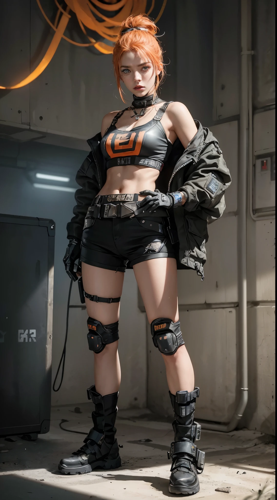 A highly detailed and realistic skull girl,( Anya. Taylor Joy) cyberpunk character, mad max furiosa, one hand robot, cyborg arm, orange hair, dramatic metal heavy rock theme, best quality, 8k, hyperrealistic, photorealistic, extreme detailed painting, studio lighting, vivid colors, dark moody atmosphere, cinematic, dramatic pose, intricate mechanical details, glowing energy effects, intense gritty textures, seamless integration of organic and inorganic elements. Wearing the used clothes of a wastelander. Background: An apocalyptic wasteland. Dusty and depressing.