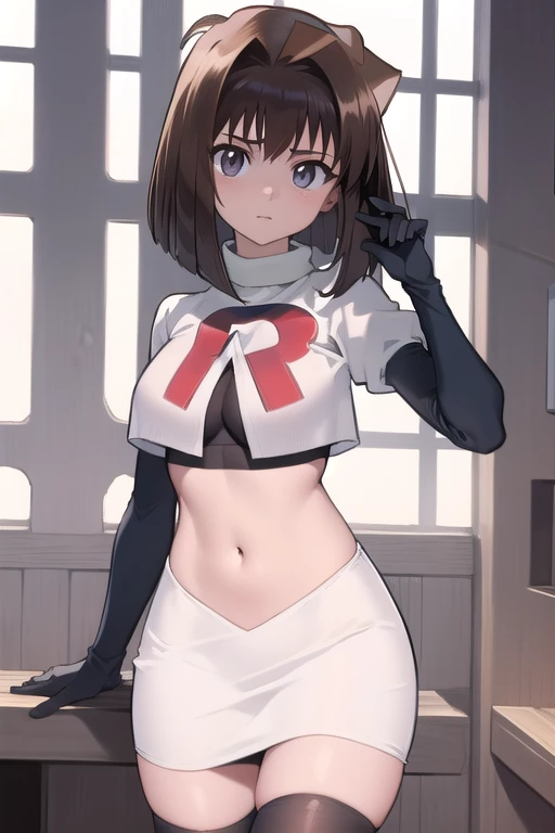 aamazaki, (antenna hair:1.2), medium breasts, team rocket,team rocket uniform,white skirt,red letter R,crop top,black thigh-highs,black elbow gloves,
beautiful, masterpiece, best quality, looking at viewer,