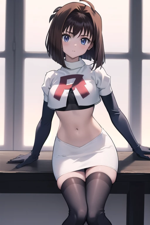aamazaki, (antenna hair:1.2), medium breasts, team rocket,team rocket uniform,white skirt,red letter R,crop top,black thigh-highs,black elbow gloves,
beautiful, masterpiece, best quality, looking at viewer,