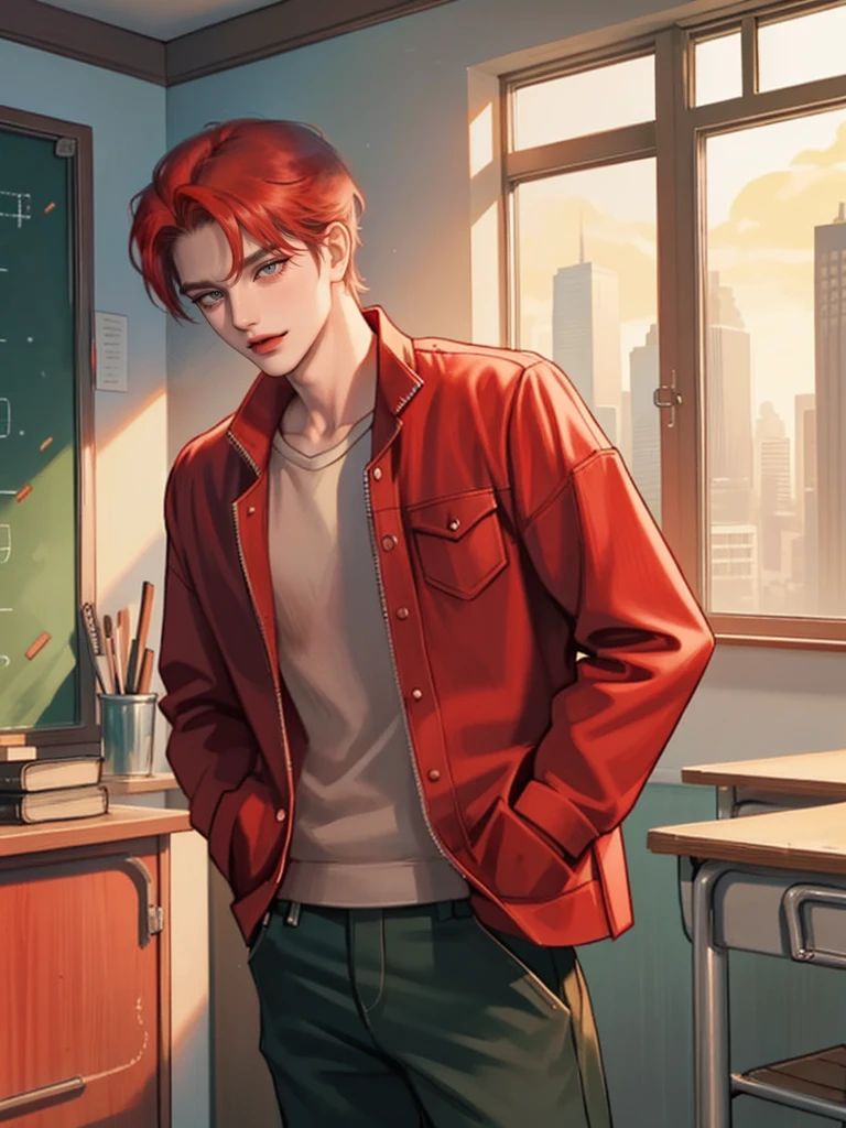 (masterpiece,best quality,1boy,red hair,wearing a ,standing, hand in pocket, classroom, bad boy