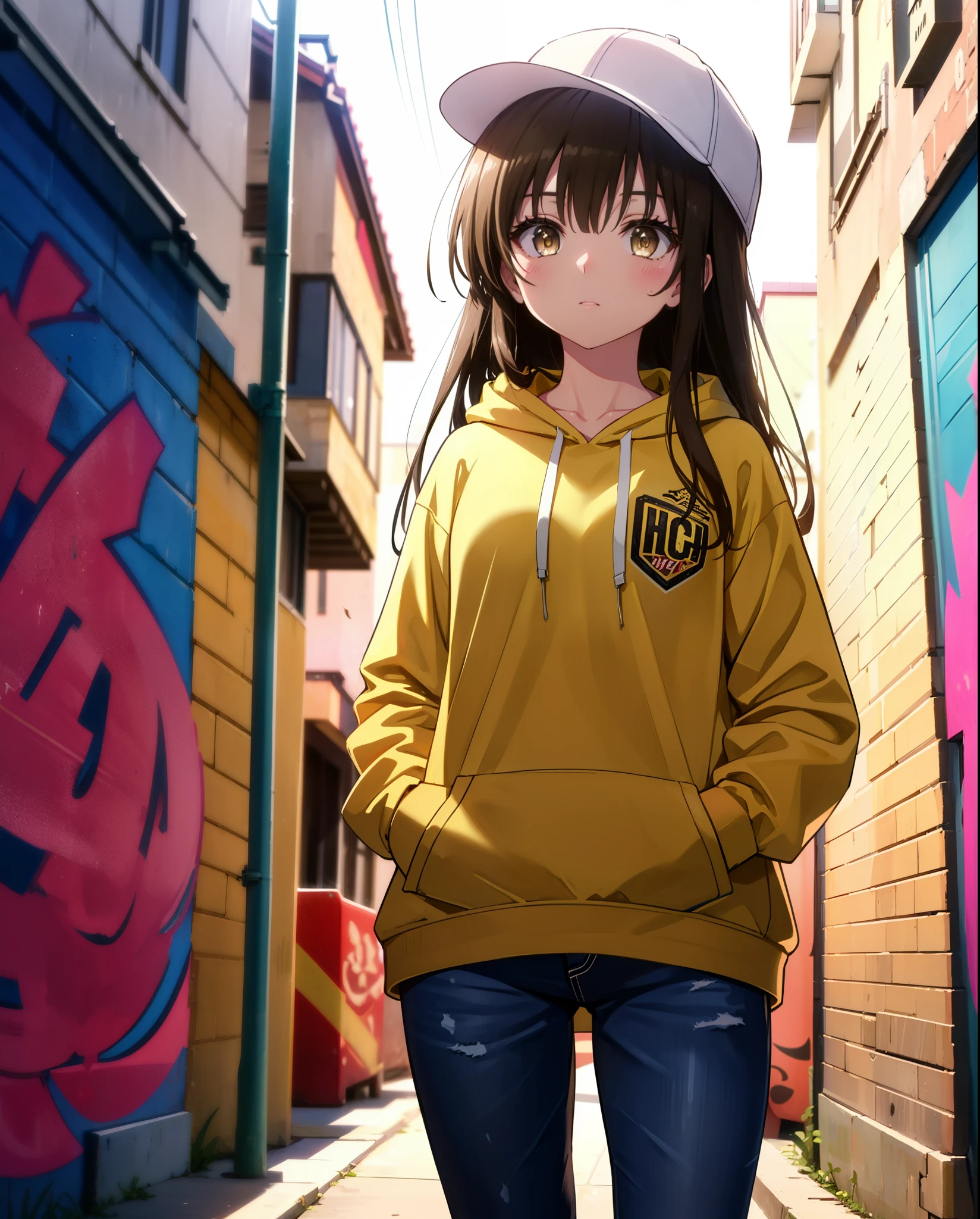 yuikotegawa, Yui Kotegawa, Black Hair, (Brown eyes:1.5), Long Hair,Baseball hats,Oversized hoodie,Oversized jeans,High-top sneakers,Both hands are in the pockets of the hoodie,Graffiti wall,whole bodyがイラストに入るように,Walking,Looking up from below,
break outdoors, In town,Alley,
break looking at viewer, whole body,(Cowboy Shot:1. 5)
break (masterpiece:1.2), highest quality, High resolution, unity 8k wallpaper, (figure:0.8), (Beautiful fine details:1.6), Highly detailed face, Perfect lighting, Highly detailed CG, (Perfect hands, Perfect Anatomy),