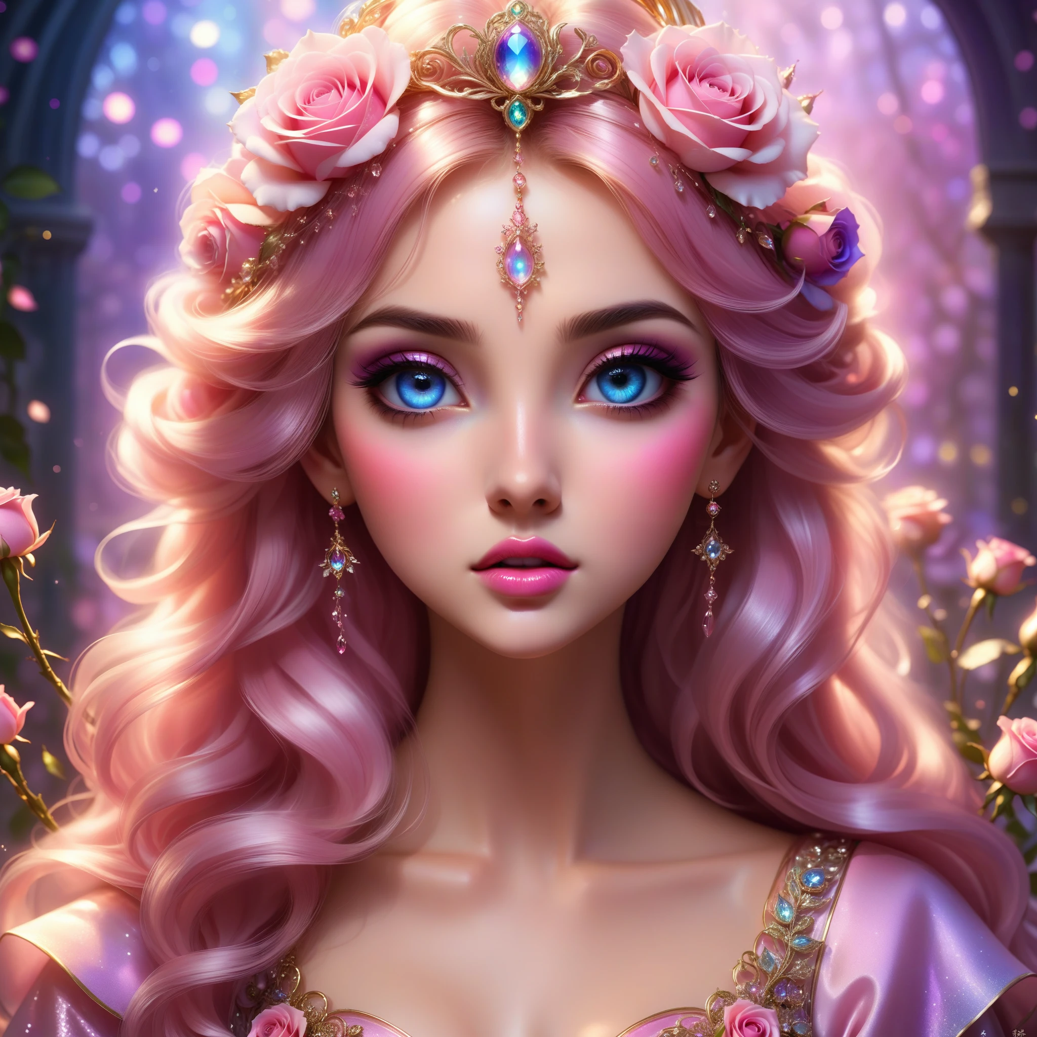 (This is a beautiful, soft, ethereal, and (romantic) fantasy image with a persistent pink aura, fairytale fantasy elements, and a lovely color palette.) Generate a beautiful  fairy woman with beautiful puffy lips and beautiful detailed eyes. Her glossy curled hair is realistically detailed and her (ringed eyes) are interesting and colorful. Surround her with eternal roses in shimmering shades of pink and purple. Ensure perfection in her face, hair, and eyes. Include luminous flowers and detailed roses. Utilize dynamic composition and dramatic lighting and cinematic lighting to create an interesting fantasy image. The background of the image is interesting and ultra-detailed, with soft fantasy lighting and gradients. English rose, princess, sweet, lovely, shimmering, glimmering, glittering, astrological fantasy, (((masterpiece))), (highest quality), beautiful eyes, perfect puffy lips, jewel tones, luminosity.  8k, Unreal Engine 5, octane render, trending on pixiv, fanbox, skeb, masterpiece, detailed face, smooth soft skin, big dreamy eyes, beautiful intricate colored hair, anime wide eyes, soft lighting, concept art, digital painting,