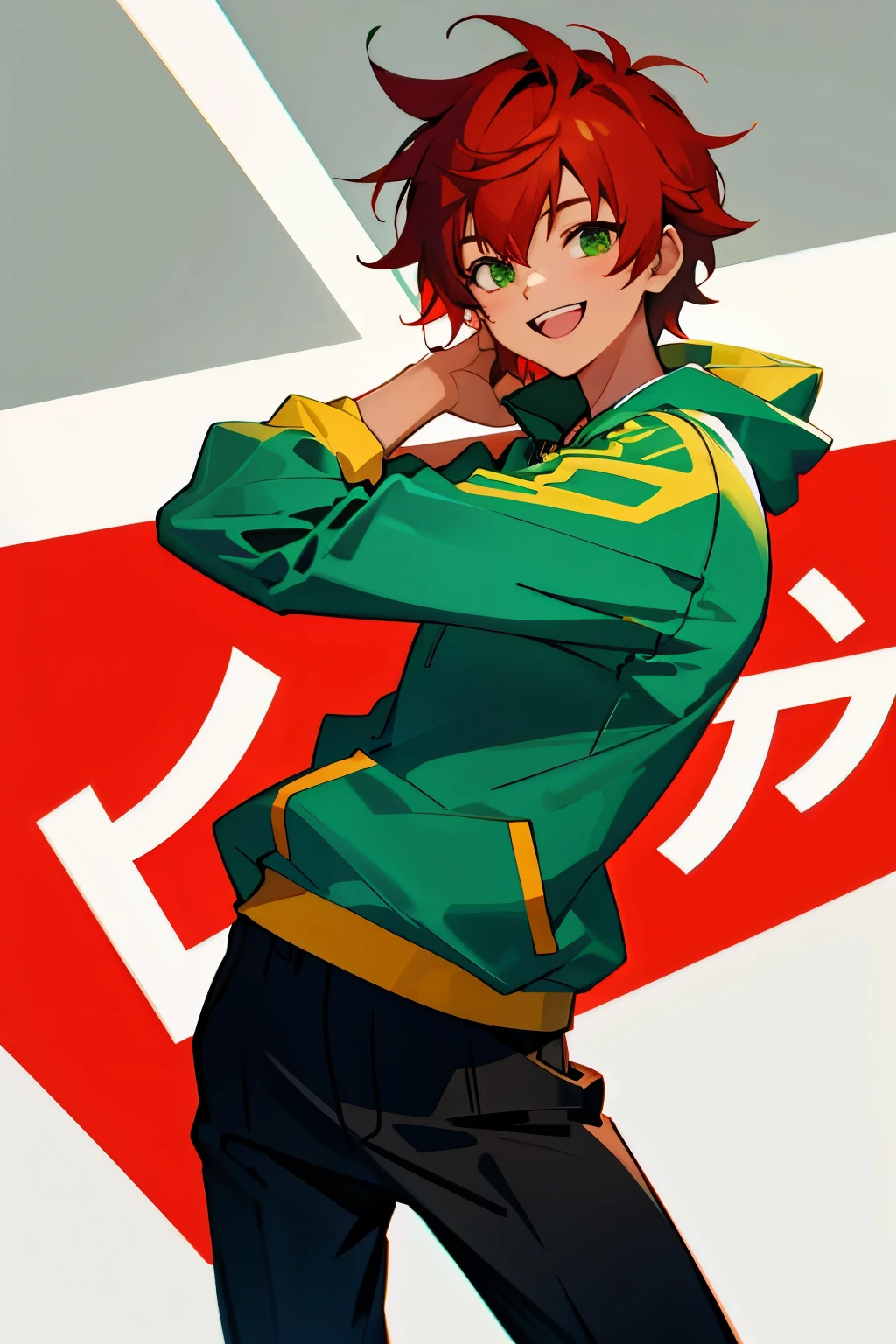 (masterpiece), ((sfw)), best quality, expressive eyes, perfect face, , (1girl,, young adult, handsome girl, longer face, flat body), solo, red hair messy short Wolf cut hair, green eyes BREAK (tanned skin, tanned male), cowboy shot, smile, grin, hoddie with racing car jacket on top BREAK black pants BREAK standing, :D, smile, boy looking,