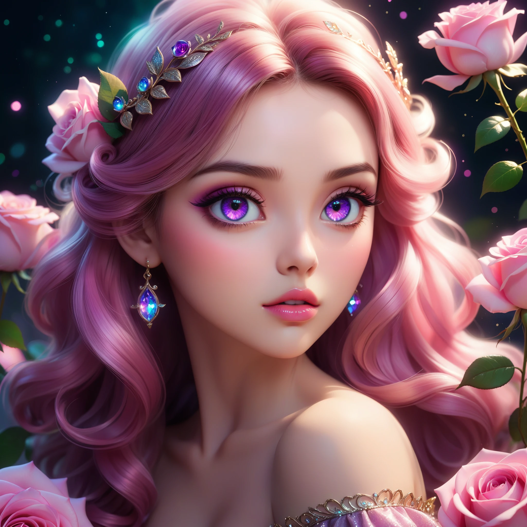 (This is a beautiful, soft, ethereal, and (romantic) fantasy image with a persistent pink aura, fairytale fantasy elements, and a lovely color palette.) Generate a beautiful  fairy woman with beautiful puffy lips and beautiful detailed eyes. Her glossy curled hair is realistically detailed and her (ringed eyes) are interesting and colorful. Surround her with eternal roses in shimmering shades of pink and purple. Ensure perfection in her face, hair, and eyes. Include luminous flowers and detailed roses. Utilize dynamic composition and dramatic lighting and cinematic lighting to create an interesting fantasy image. The background of the image is interesting and ultra-detailed, with soft fantasy lighting and gradients. English rose, princess, sweet, lovely, shimmering, glimmering, glittering, astrological fantasy, (((masterpiece))), (highest quality), beautiful eyes, perfect puffy lips, jewel tones, luminosity.  8k, Unreal Engine 5, octane render, trending on pixiv, fanbox, skeb, masterpiece, detailed face, smooth soft skin, big dreamy eyes, beautiful intricate colored hair, anime wide eyes, soft lighting, concept art, digital painting,