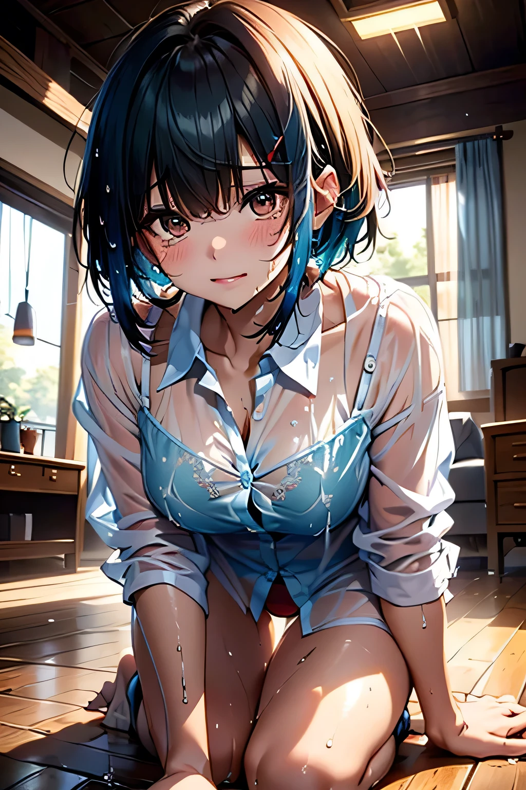 (((Bedroom))),(((Crouch on the floor:1.3))),(((clothes on hangers:1.3))),(((Wet see-through chemise:1.3))),(((Red underwear:1.3))),(((Exposing Skin))),Cute Face、Crying face,Big tears、(Aqua blue hair,short hair,),(The bangs are see-through),hairpin,hair ornaments,Blushing、Pointed red mouth、Perfect round face,iris,(Perfect body curves),Big Breasts.Wet Hair、Wet clothes、Wet Skin、Professional Lighting,Cinematic Light,(Tabletop,highest quality,Ultra-high resolution output images,) ,(8K quality,),(Picture Mode Ultra HD,)
