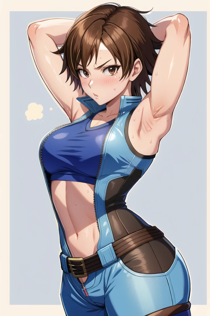 asuka kazama,1girl,solo,black pants,blue shirt,sleeveless,medium breasts,heavy blush,(brown eyes:1.2),((arms up)), sweat, sweaty,