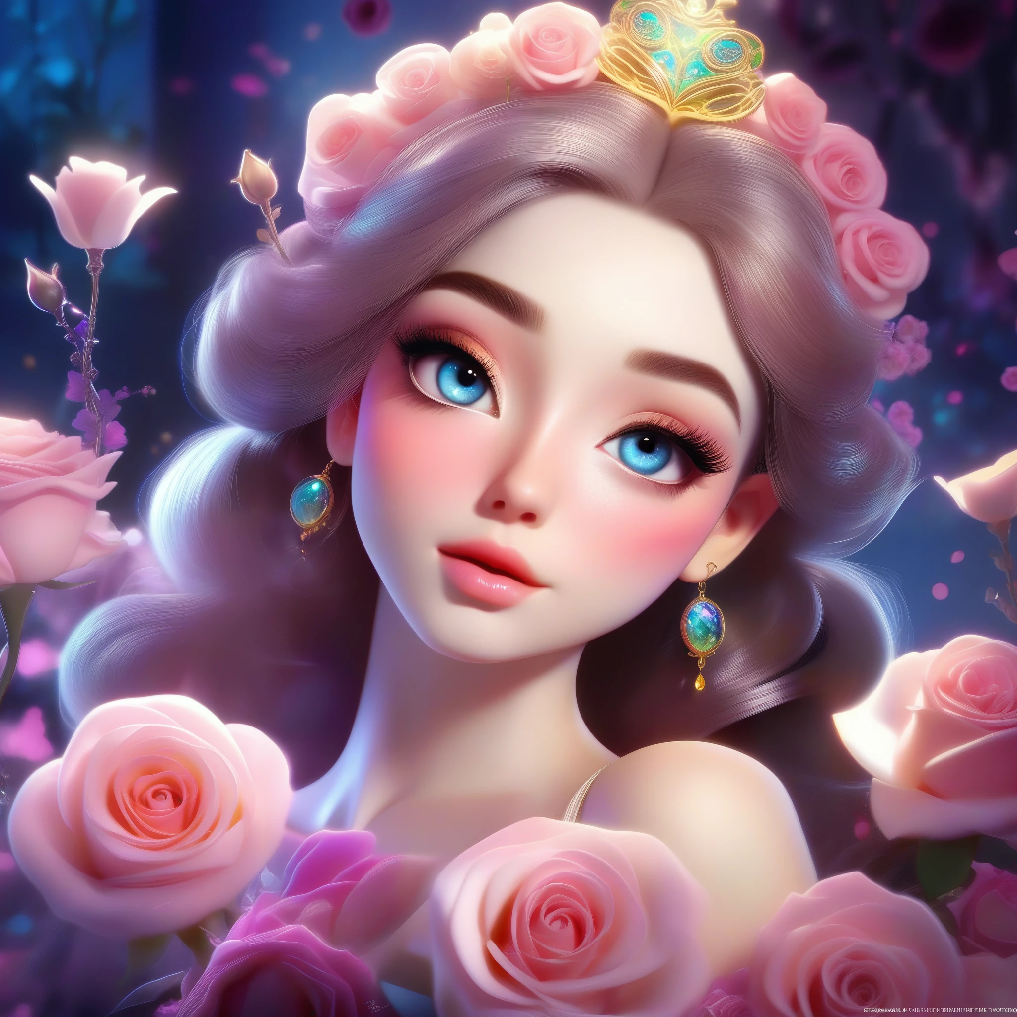 (This is a beautiful, soft, ethereal, and (romantic) fantasy image with a persistent pink aura, fairytale fantasy elements, and a lovely color palette.) Generate a beautiful fairy woman with beautiful puffy lips and beautiful detailed eyes. Her glossy curled hair is realistically detailed and her (ringed eyes) are interesting and colorful. Surround her with eternal roses in shimmering shades of pink and purple.  Include luminous flowers and detailed roses. Utilize dynamic composition and dramatic lighting and cinematic lighting to create an interesting fantasy image. The background of the image is interesting and ultra-detailed, with soft fantasy lighting and gradients. English rose, princess, sweet, lovely, shimmering, glimmering, glittering, astrological fantasy, (((masterpiece))), (highest quality), beautiful eyes, perfect puffy lips, jewel tones, luminosity.  8k, Unreal Engine 5, octane render, trending on pixiv, fanbox, skeb, masterpiece, detailed face, smooth soft skin, big dreamy eyes, beautiful intricate colored hair, anime wide eyes, soft lighting, concept art, digital painting, elegant expression, elegant face, smiling puffy lips