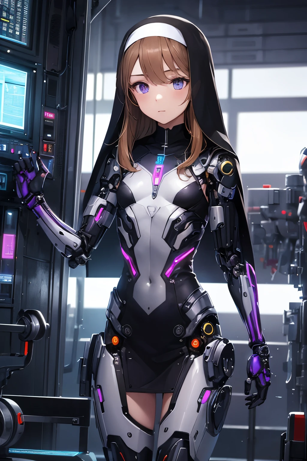 girl ,girl 12 year old , futuristic nun suit dress ,flat chest ,long brown hair frinje ,( body), mechanic-headband, purple leds ,purple light auréola, quality, 8k ,nun uniform , Cyborg arms. Mechanical Limbs Metal, Mechanical legs .Power cablles conected in machine. Circuitos , praying.