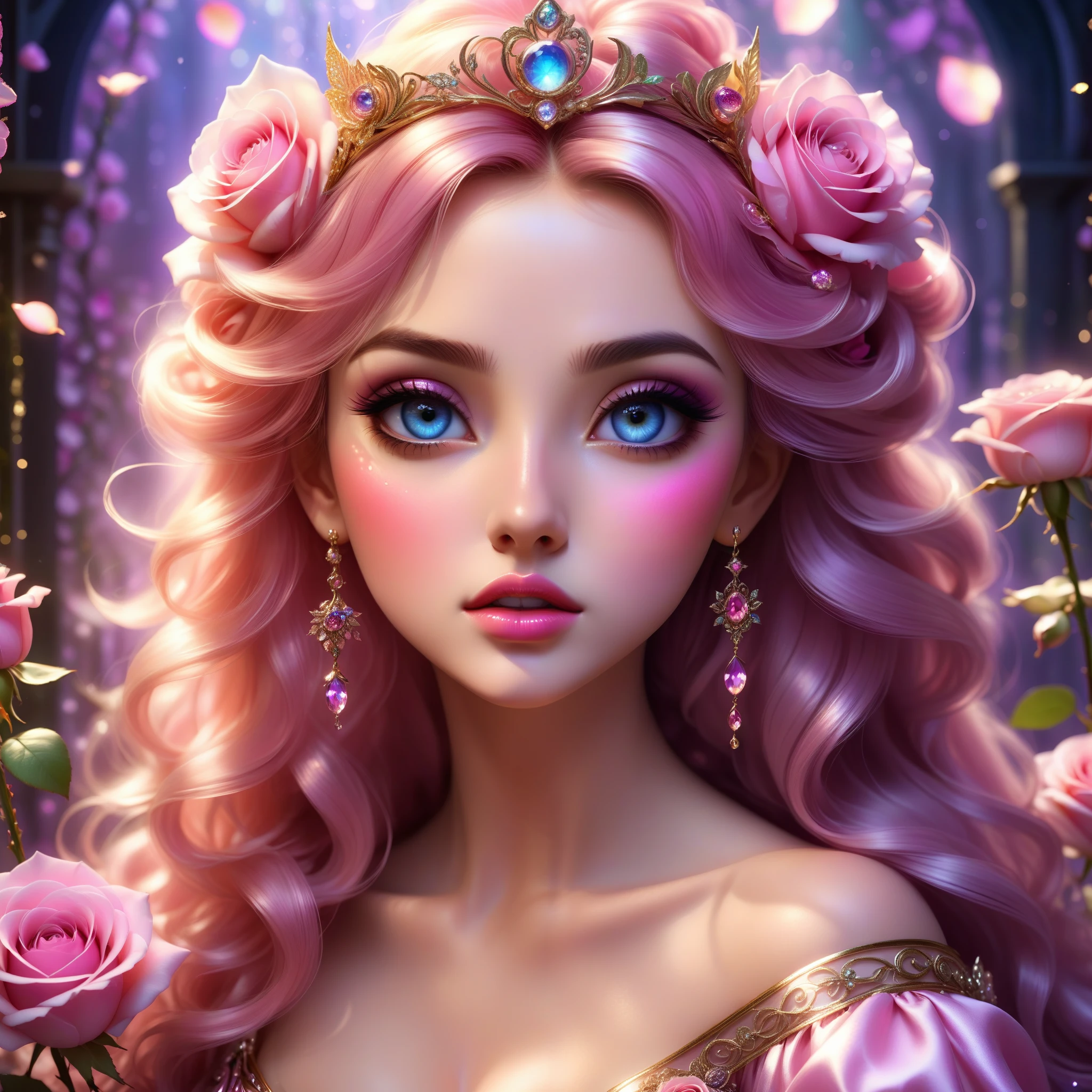 (This is a beautiful, soft, ethereal, and (romantic) fantasy image with a persistent pink aura, fairytale fantasy elements, and a lovely color palette.) Generate a beautiful  fairy woman with beautiful puffy lips and beautiful detailed eyes. Her glossy curled hair is realistically detailed and her (ringed eyes) are interesting and colorful. Surround her with eternal roses in shimmering shades of pink and purple. Ensure perfection in her face, hair, and eyes. Include luminous flowers and detailed roses. Utilize dynamic composition and dramatic lighting and cinematic lighting to create an interesting fantasy image. The background of the image is interesting and ultra-detailed, with soft fantasy lighting and gradients. English rose, princess, sweet, lovely, shimmering, glimmering, glittering, astrological fantasy, (((masterpiece))), (highest quality), beautiful eyes, perfect puffy lips, jewel tones, luminosity.  8k, Unreal Engine 5, octane render, trending on pixiv, fanbox, skeb, masterpiece, detailed face, smooth soft skin, big dreamy eyes, beautiful intricate colored hair, anime wide eyes, soft lighting, concept art, digital painting,