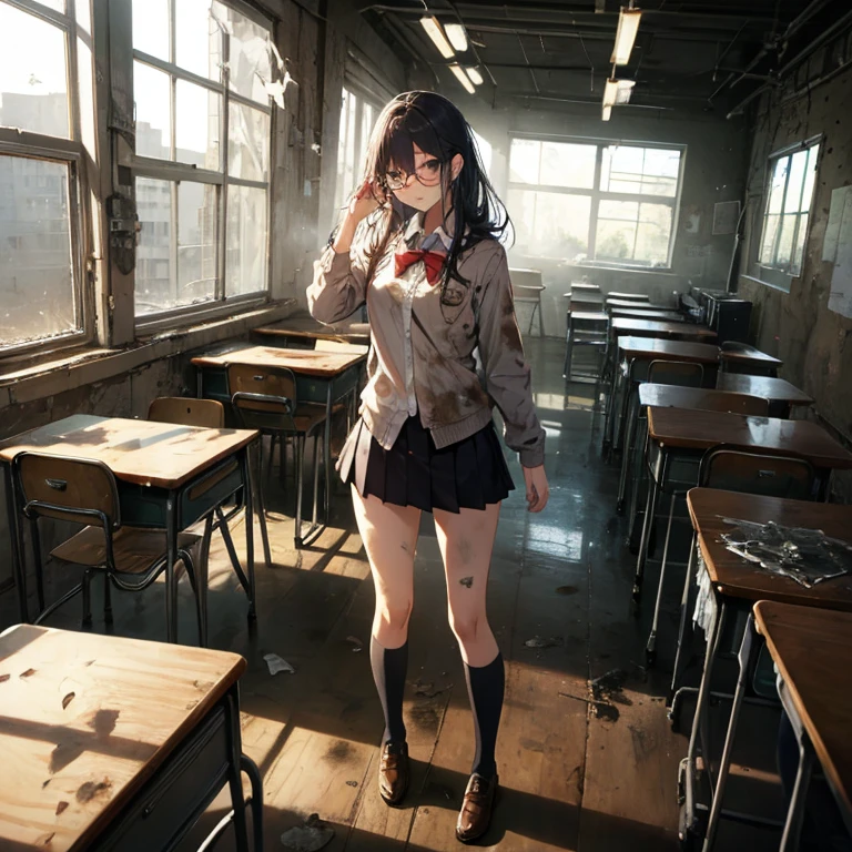 A group of  female students, (in classroom), various hair styles, harem, post apocalyptic, details face, short skirt, seducing, school uniforms, dirty body, shattered glass