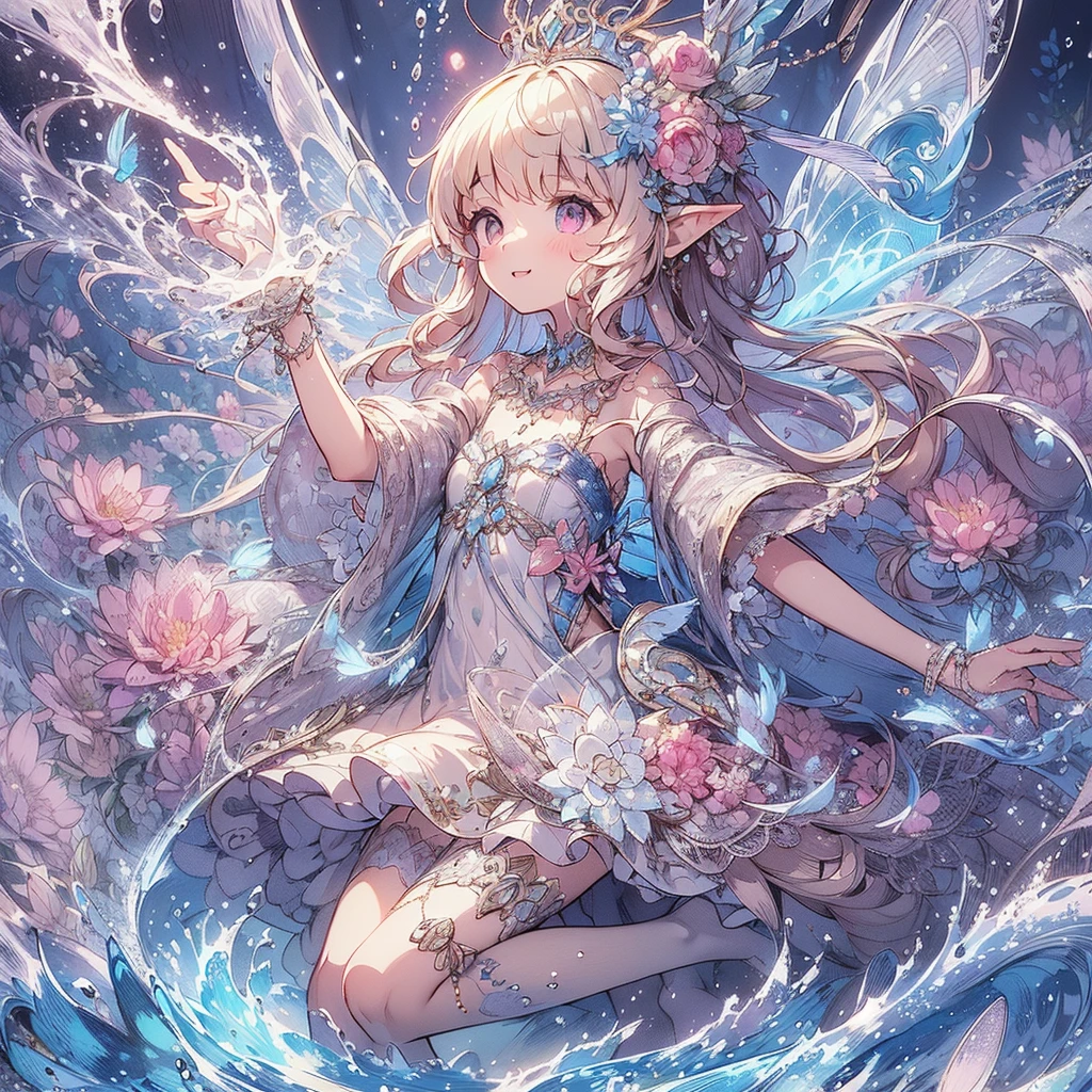 (An exquisite and beautiful highly detailed masterpiece, High quality and high resolution),(A two-dimensional illustration inspired by pixiv, featuring a neat, clear, and well-proportioned face drawn with thin lines, that went viral on Twitter,Cute and delicate beautiful girl illustration in pastel colors) , The background is a divine and mystical place, with a beautiful adult fairy princess with fairy wings floating in the air by the water, casting magic around her body with her fingertips and controlling the water.,(Beautiful, clear fairy wings grow from her back.), (Smile and smile), She is wearing a pearl tiara, earrings, and choker, as well as a pastel-colored swimsuit decorated with ribbons and frills., (A fair-skinned, short eyebrowed fairy with pale pink cheeks, a small toothless mouth with plump pink lips, beautiful eyes, and a fairly large, fluffy bust.),Vibrant and eye-catching colors,Fantastic and dreamy colored pencil art,