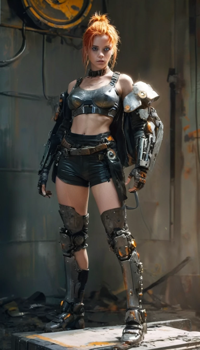 A highly detailed and realistic skull girl,( Anya. Taylor Joy) cyberpunk character, mad max furiosa, one hand robot, cyborg arm, orange hair, dramatic metal heavy rock theme, best quality, 8k, hyperrealistic, photorealistic, extreme detailed painting, studio lighting, vivid colors, dark moody atmosphere, cinematic, dramatic pose, intricate mechanical details, glowing energy effects, intense gritty textures, seamless integration of organic and inorganic elements. Wearing the used clothes of a wastelander. Background: An apocalyptic wasteland. Dusty and depressing.
