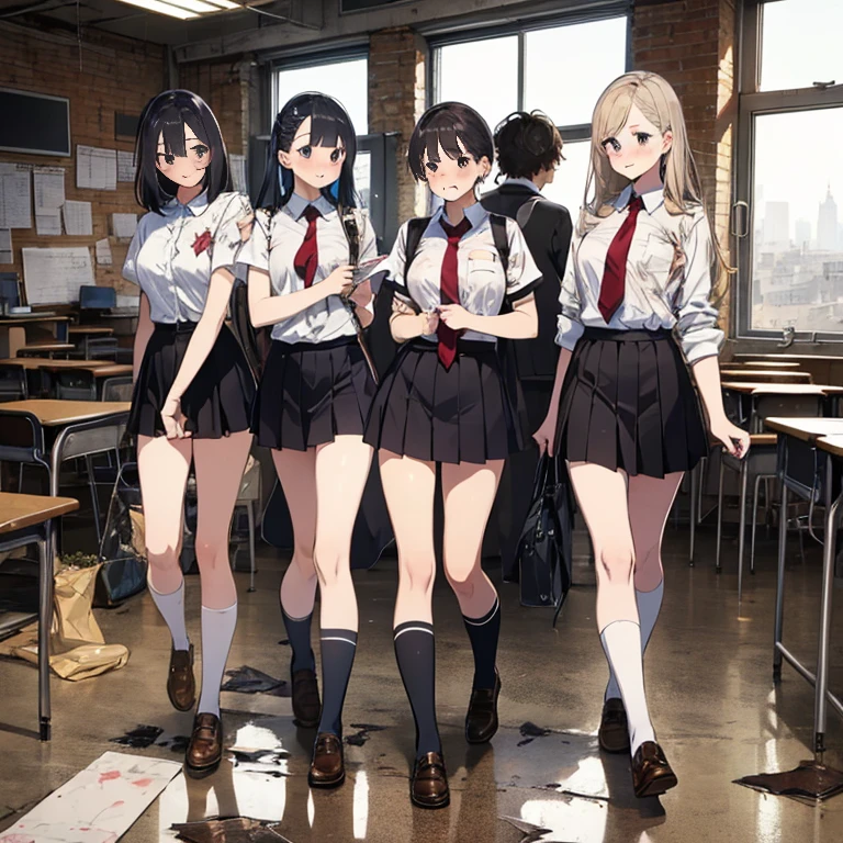A group of female students, (in classroom), various hair styles, harem, post apocalyptic, details face, short skirt, seducing, school uniforms, dirty body, shattered glass, torn clothing