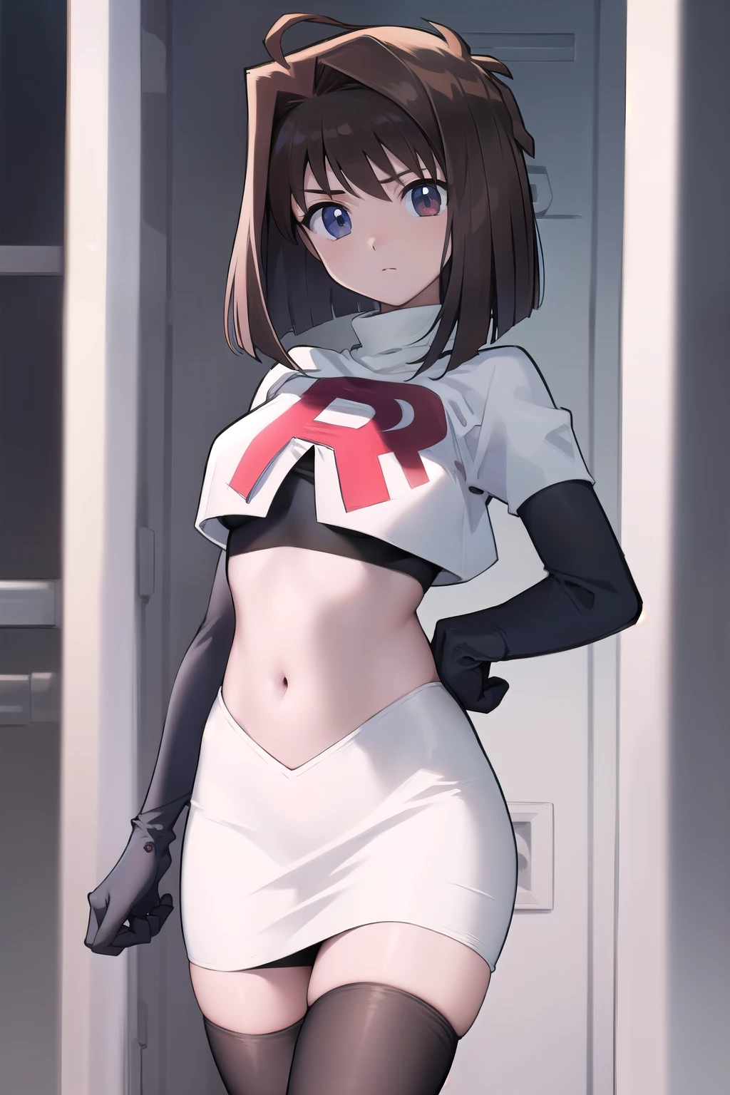 aamazaki, (antenna hair:1.2), medium breasts, team rocket,team rocket uniform,white skirt,red letter R,crop top,black thigh-highs,black elbow gloves,
beautiful, masterpiece, best quality, looking at viewer,