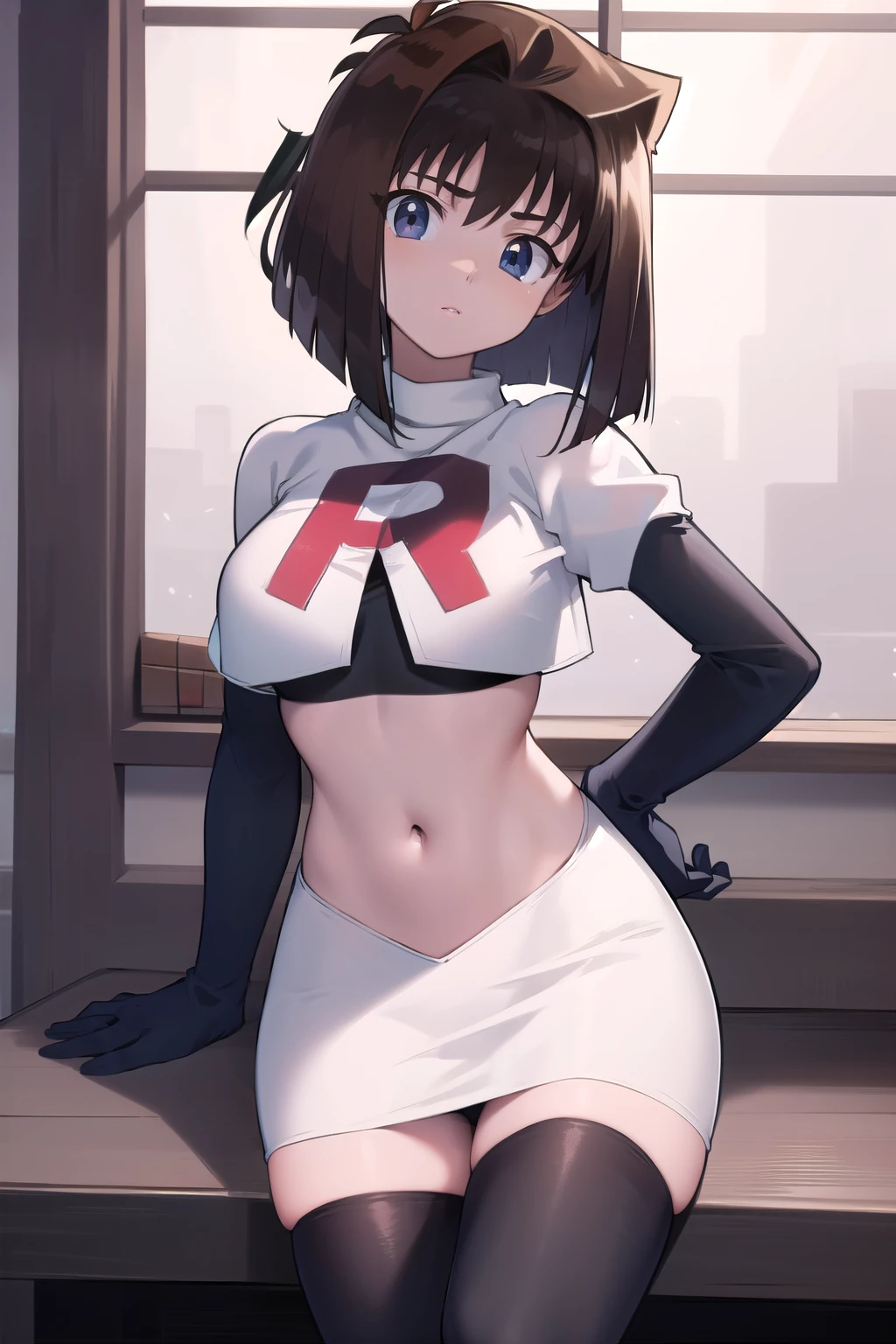 aamazaki, (antenna hair:1.2), medium breasts, team rocket,team rocket uniform,white skirt,red letter R,crop top,black thigh-highs,black elbow gloves,
beautiful, masterpiece, best quality, looking at viewer,