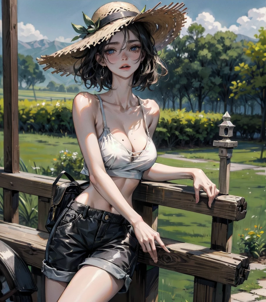 absurdres, RAW photo, extremely delicate and beautiful, masterpiece, Best Quality, ultra high resolution, 32k, hyperrealistic, ultra-detailed, detailed description, perfect anatomy, pale skin, 20 years old, detailed beautiful face and eyes, tearful mole, earring, short medium hair, wavy hair, whole body shot, colossal tits, cargo pants, shorts, bare shoulders, collarbone, Crop top, straw hat, outdoors,