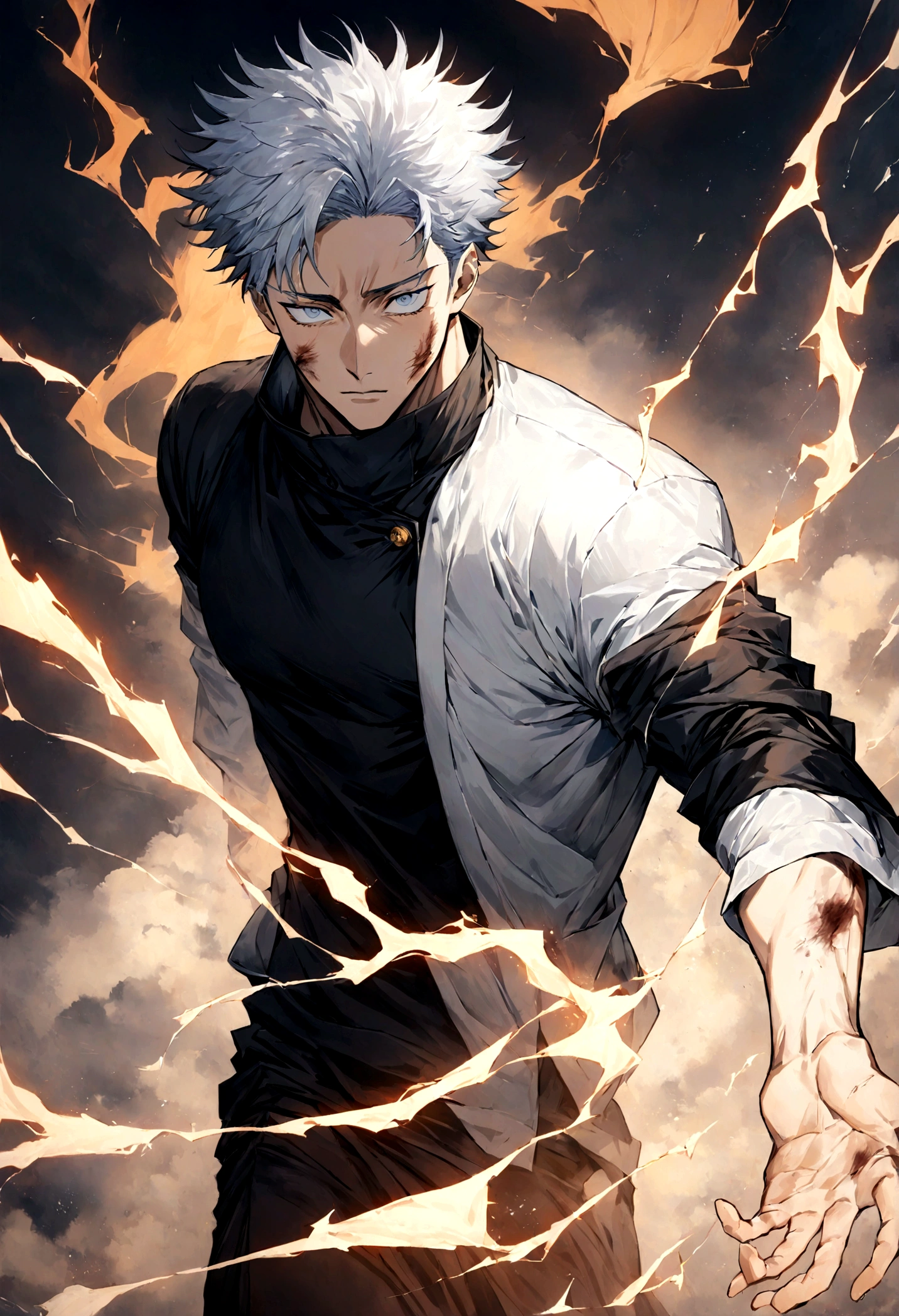 1 boy, Men's Center, Satoru gojou,Jujutsu Kaisen、Injury, electricity,, masterpiece, highest quality, so beautiful,、cool、、strongest、