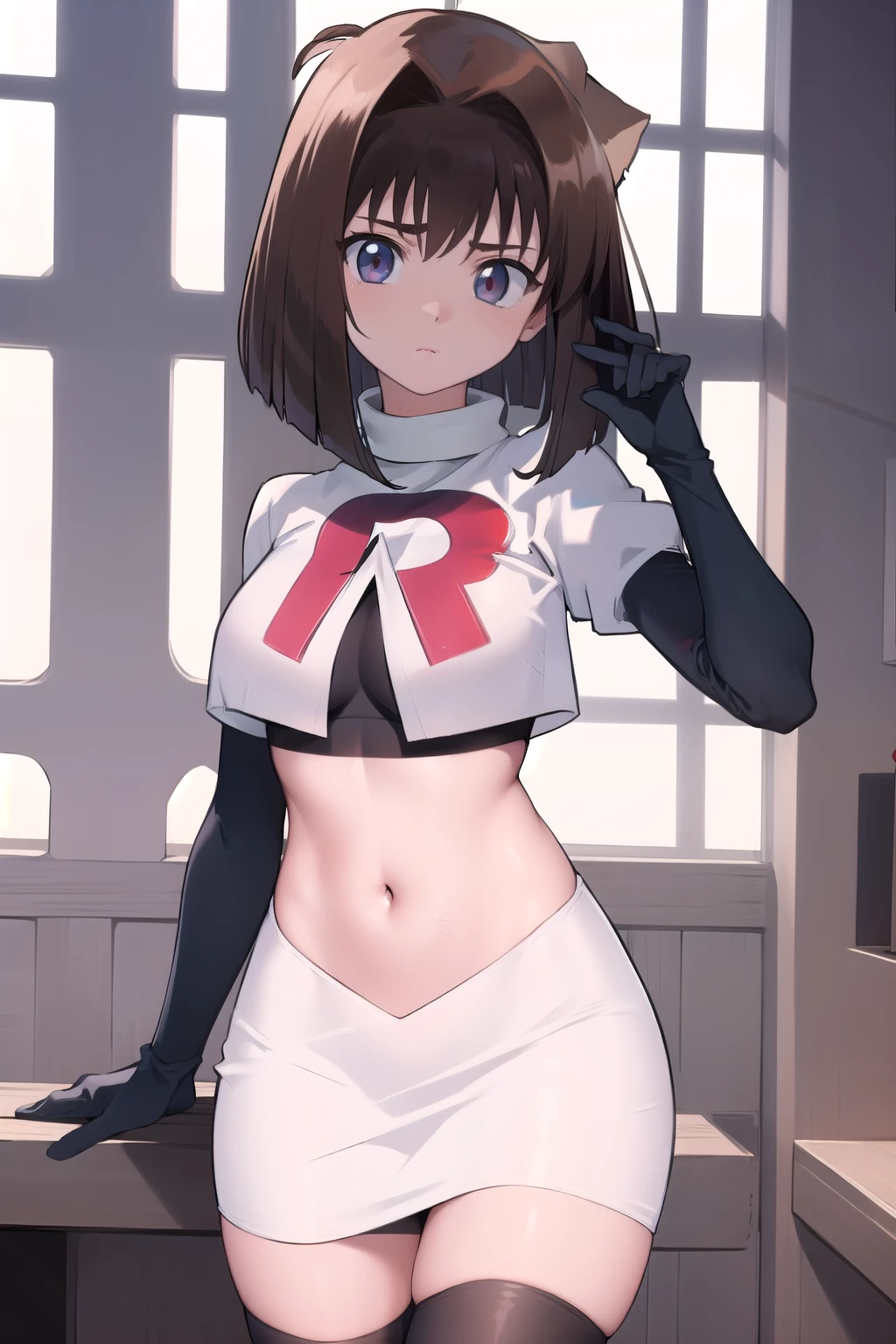 aamazaki, (antenna hair:1.2), medium breasts, team rocket,team rocket uniform,white skirt,red letter R,crop top,black thigh-highs,black elbow gloves,
beautiful, masterpiece, best quality, looking at viewer,