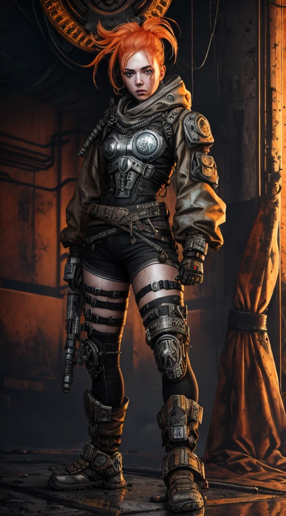 A highly detailed and realistic skull girl,( Anya. Taylor Joy) cyberpunk character, mad max furiosa, one hand robot, cyborg arm, orange hair, dramatic metal heavy rock theme, best quality, 8k, hyperrealistic, photorealistic, extreme detailed painting, studio lighting, vivid colors, dark moody atmosphere, cinematic, dramatic pose, intricate mechanical details, glowing energy effects, intense gritty textures, seamless integration of organic and inorganic elements. Wearing the used clothes of a wastelander. Background: An apocalyptic wasteland. Dusty and depressing.