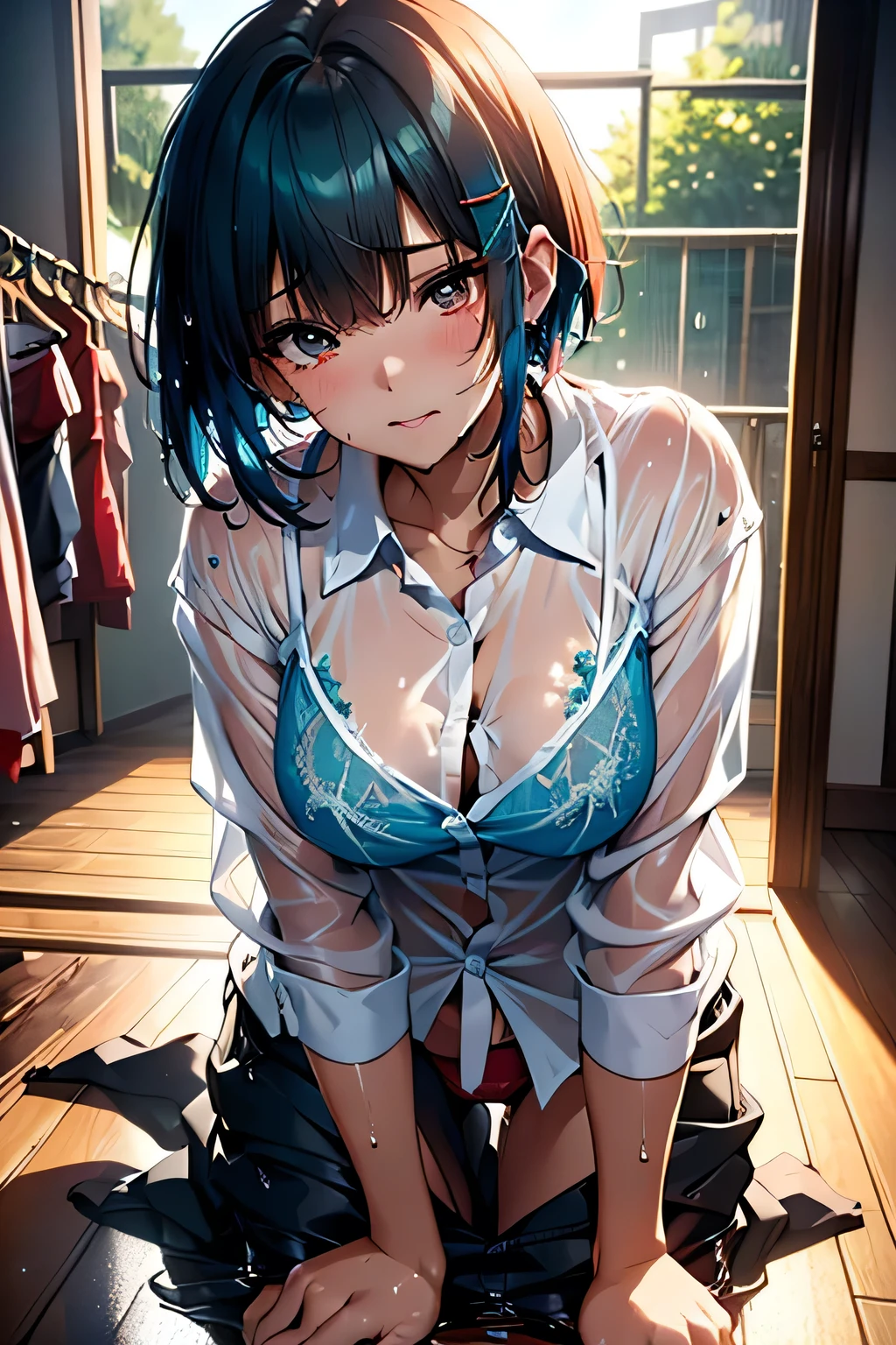 (((Bedroom))),(((Crouch on the floor:1.3))),(((clothes on hangers:1.3))),(((Wet see-through chemise:1.3))),(((Red underwear:1.3))),(((Exposing Skin))),Cute Face、Crying face,Big tears、(Aqua blue hair,short hair,),(The bangs are see-through),hairpin,hair ornaments,Blushing、Pointed red mouth、Perfect round face,iris,(Perfect body curves),Big Breasts.Wet Hair、Wet clothes、Wet Skin、Professional Lighting,Cinematic Light,(Tabletop,highest quality,Ultra-high resolution output images,) ,(8K quality,),(Picture Mode Ultra HD,)
