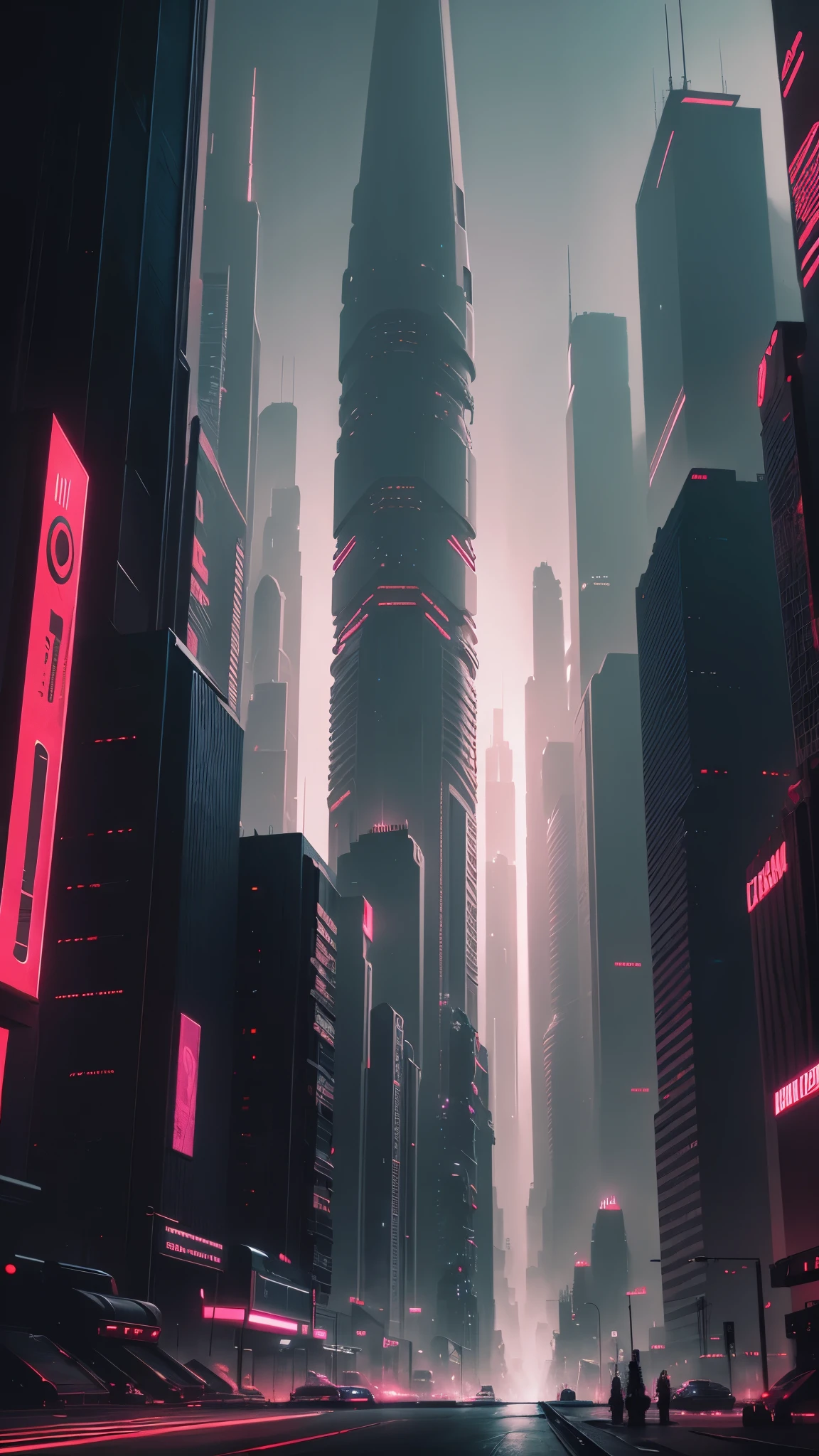 futuristic city (cinematic look:1.4), red tones neon, insane details, intricate details, hyperdetailed, low contrast, soft cinematic light, dim colors, exposure blend, hdr, faded, slate gray atmosphere