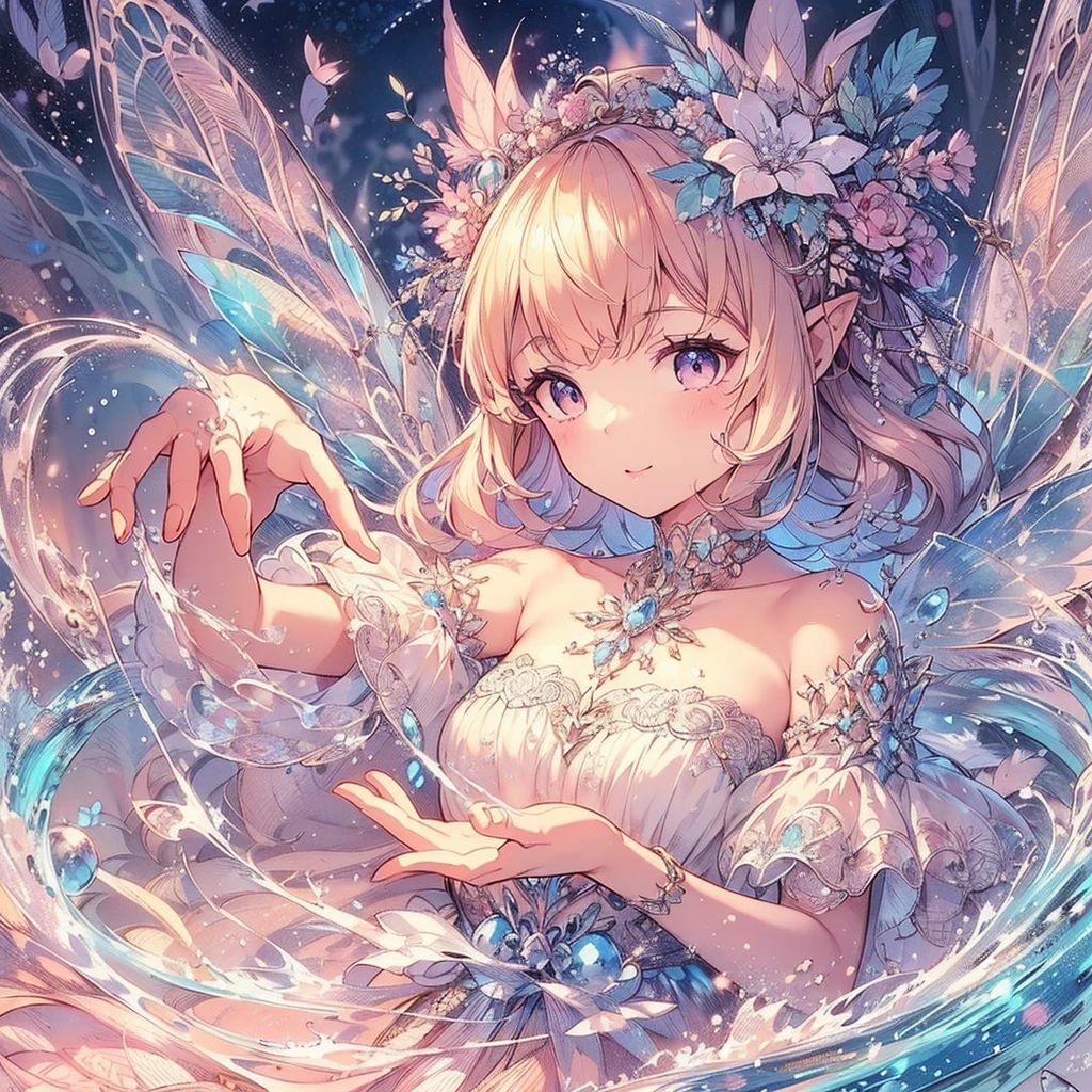 (An exquisite and beautiful highly detailed masterpiece, High quality and high resolution),(A two-dimensional illustration inspired by pixiv, featuring a neat, clear, and well-proportioned face drawn with thin lines, that went viral on Twitter,Cute and delicate beautiful girl illustration in pastel colors) , The background is a divine and mystical place, with a beautiful adult fairy princess with fairy wings floating in the air by the water, casting magic around her body with her fingertips and controlling the water.,(Beautiful, clear fairy wings grow from her back.), (Smile and smile), She is wearing a pearl tiara, earrings, and choker, as well as a pastel-colored swimsuit decorated with ribbons and frills., (A fair-skinned, short eyebrowed fairy with pale pink cheeks, a small toothless mouth with plump pink lips, beautiful eyes, and a fairly large, fluffy bust.),Vibrant and eye-catching colors,Fantastic and dreamy colored pencil art,