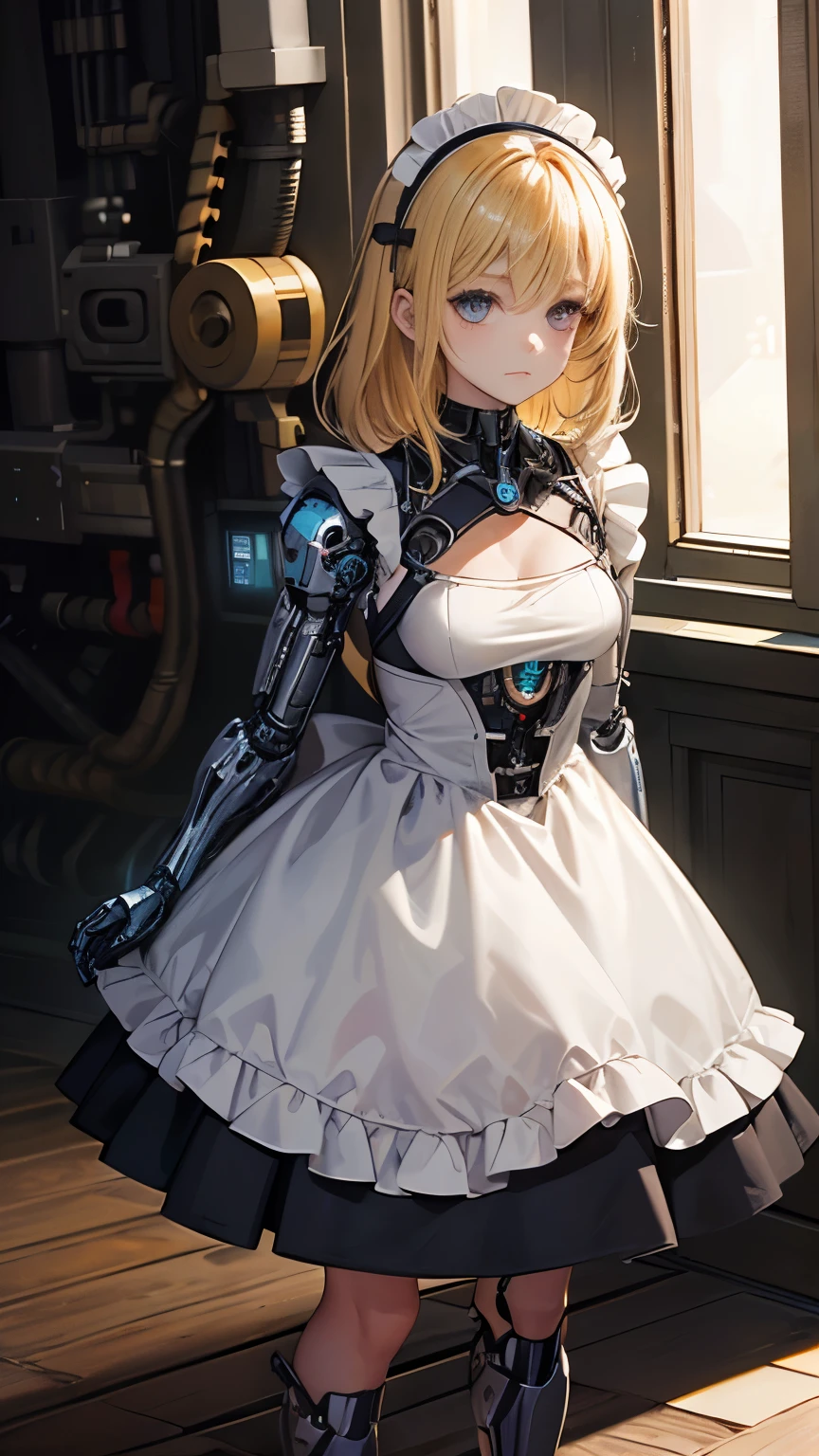 ultra detalhado young girl idade 8 anos , blonde hair blue eyes expressionless, cybernetic cyborg arm the rma , luz no meio do peito , cybernetic energia azul , maid dress , corpo cyborg danificado , torax conected power cablles .