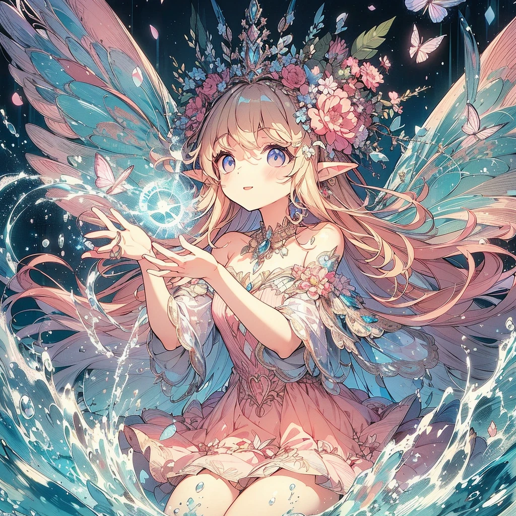 (An exquisite and beautiful highly detailed masterpiece, High quality and high resolution),(A two-dimensional illustration inspired by pixiv, featuring a neat, clear, and well-proportioned face drawn with thin lines, that went viral on Twitter,Cute and delicate beautiful girl illustration in pastel colors) , The background is a divine and mystical place, with a beautiful adult fairy princess with fairy wings floating in the air by the water, casting magic around her body with her fingertips and controlling the water.,(Beautiful, clear fairy wings grow from her back.), (Smile and smile), She is wearing a pearl tiara, earrings, and choker, as well as a pastel-colored swimsuit decorated with ribbons and frills., (A fair-skinned, short eyebrowed fairy with pale pink cheeks, a small toothless mouth with plump pink lips, beautiful eyes, and a fairly large, fluffy bust.),Vibrant and eye-catching colors,Fantastic and dreamy colored pencil art,