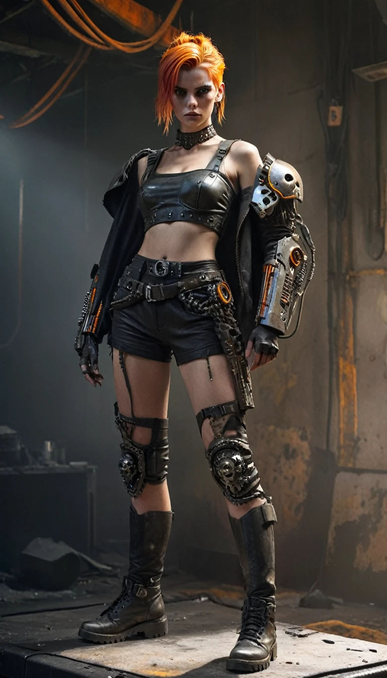 A highly detailed and realistic skull girl,( Anya. Taylor Joy) cyberpunk character, mad max furiosa, one hand robot, cyborg arm, orange hair, dramatic metal heavy rock theme, best quality, 8k, hyperrealistic, photorealistic, extreme detailed painting, studio lighting, vivid colors, dark moody atmosphere, cinematic, dramatic pose, intricate mechanical details, glowing energy effects, intense gritty textures, seamless integration of organic and inorganic elements. Wearing the used clothes of a wastelander. Background: An apocalyptic wasteland. Dusty and depressing.