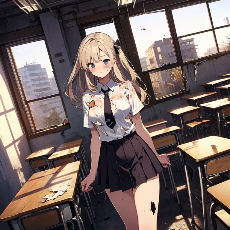 A group of  female students, (in classroom), various hair styles, harem, post apocalyptic, details face, short skirt, seducing, school uniforms, dirty body, shattered glass, torn clothing 