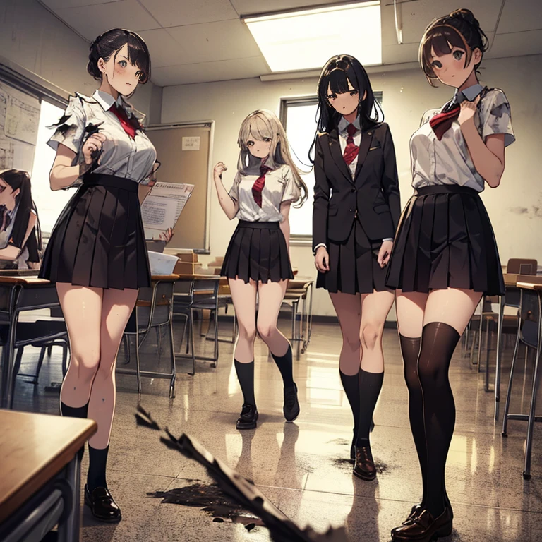 A group of  female students, (in classroom), various hair styles, harem, post apocalyptic, details face, short skirt, seducing, school uniforms, dirty body, shattered glass, torn clothing 