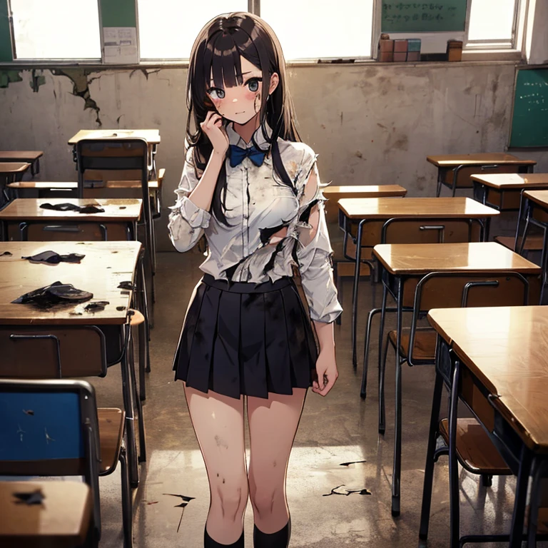 A group of female students, (in classroom), various hair styles, harem, post apocalyptic, details face, short skirt, seducing, school uniforms, dirty body, shattered glass